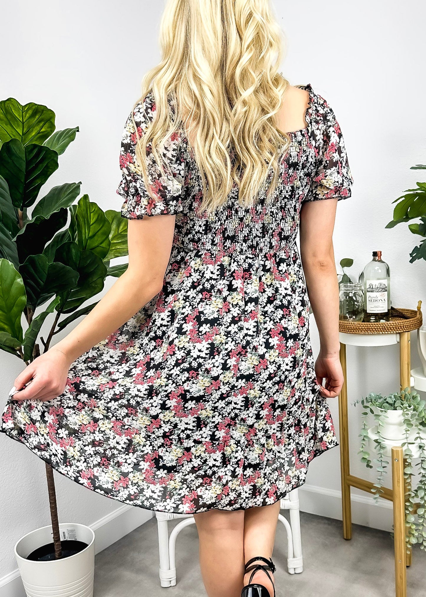 Square Neck Floral Puff Sleeve Dress