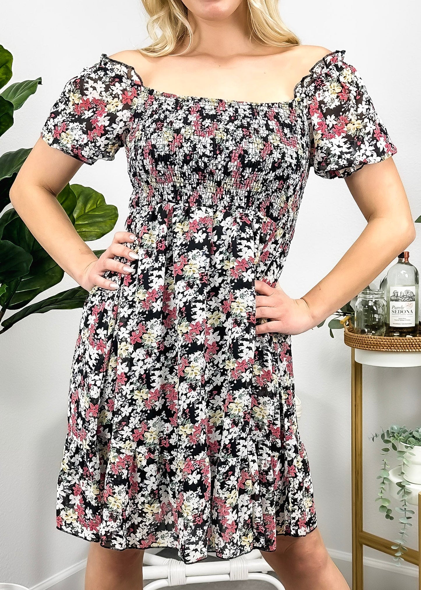 Square Neck Floral Puff Sleeve Dress