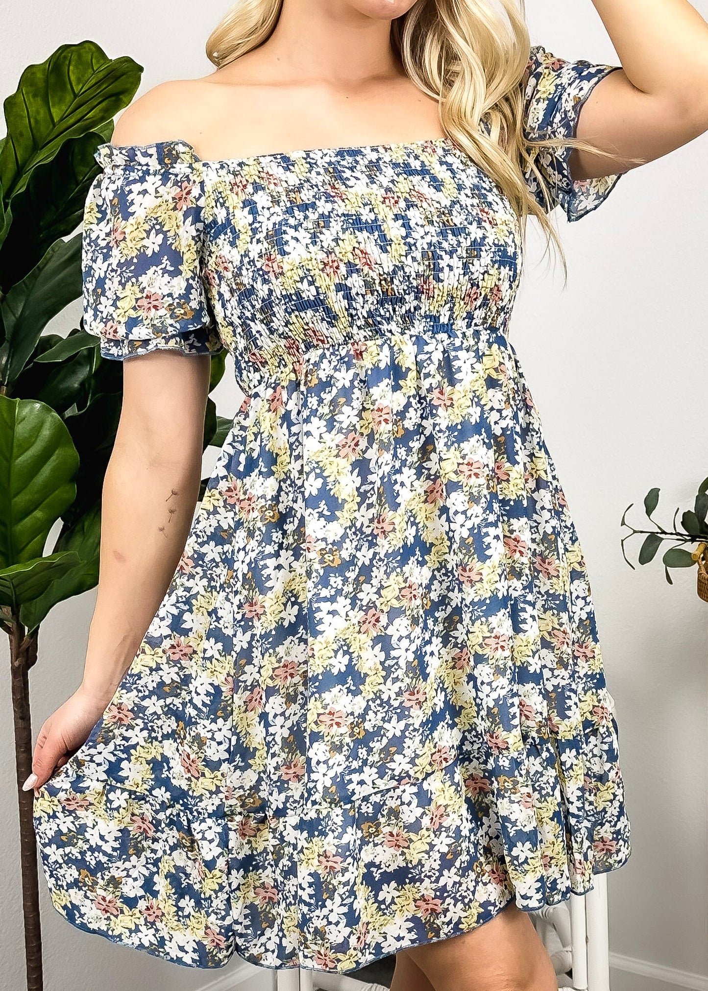 Square Neck Floral Puff Sleeve Dress