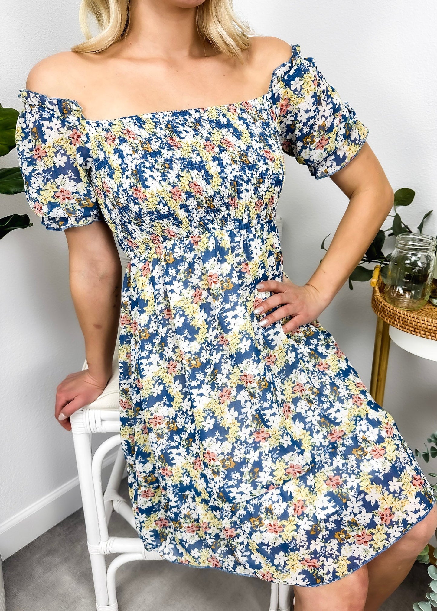 Square Neck Floral Puff Sleeve Dress