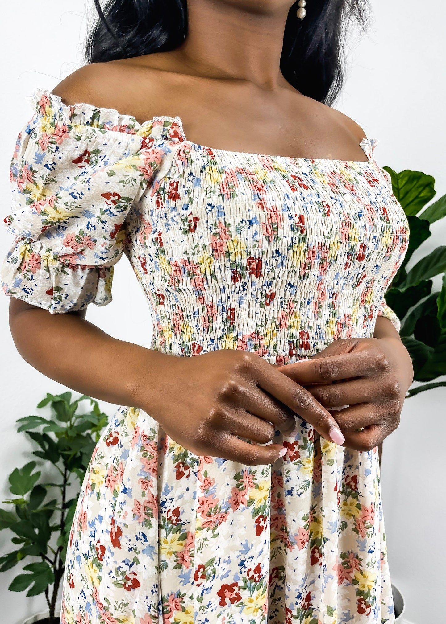 Square Neck Floral Puff Sleeve Dress