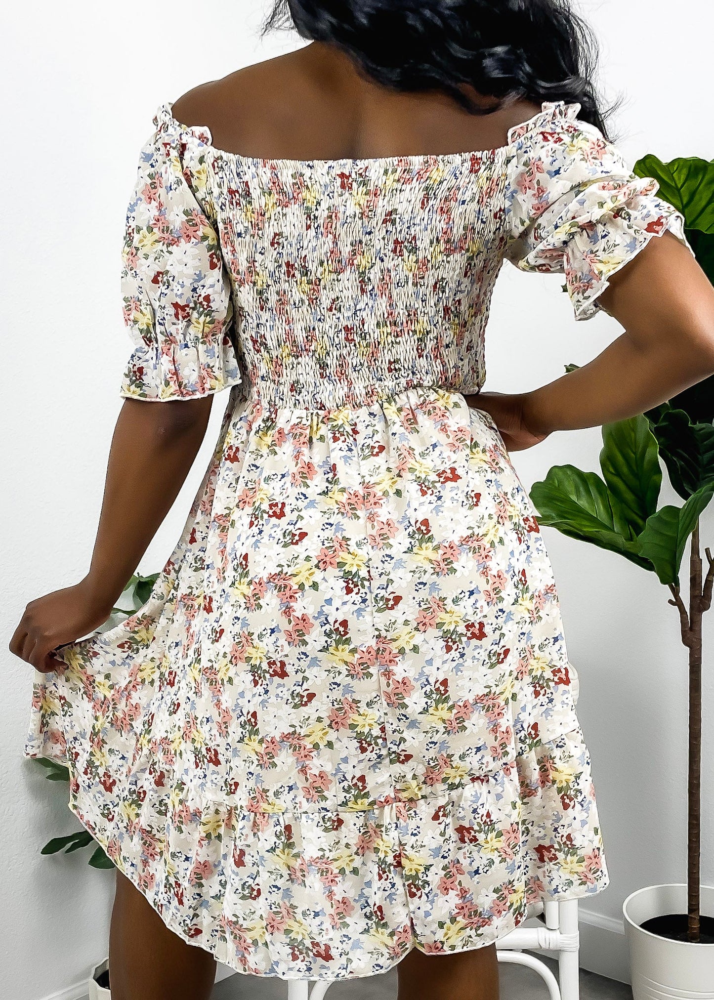 Square Neck Floral Puff Sleeve Dress