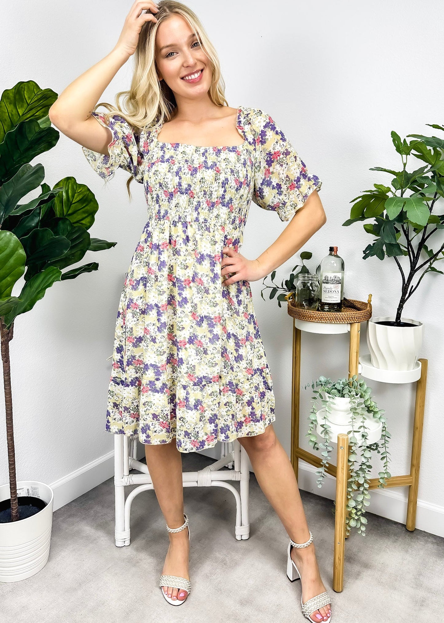 Square Neck Floral Puff Sleeve Dress