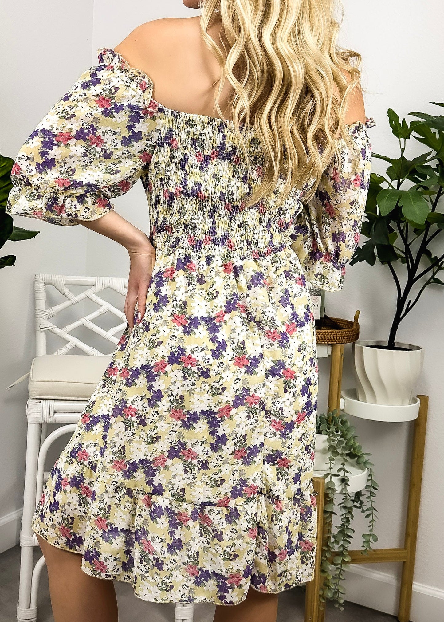 Square Neck Floral Puff Sleeve Dress