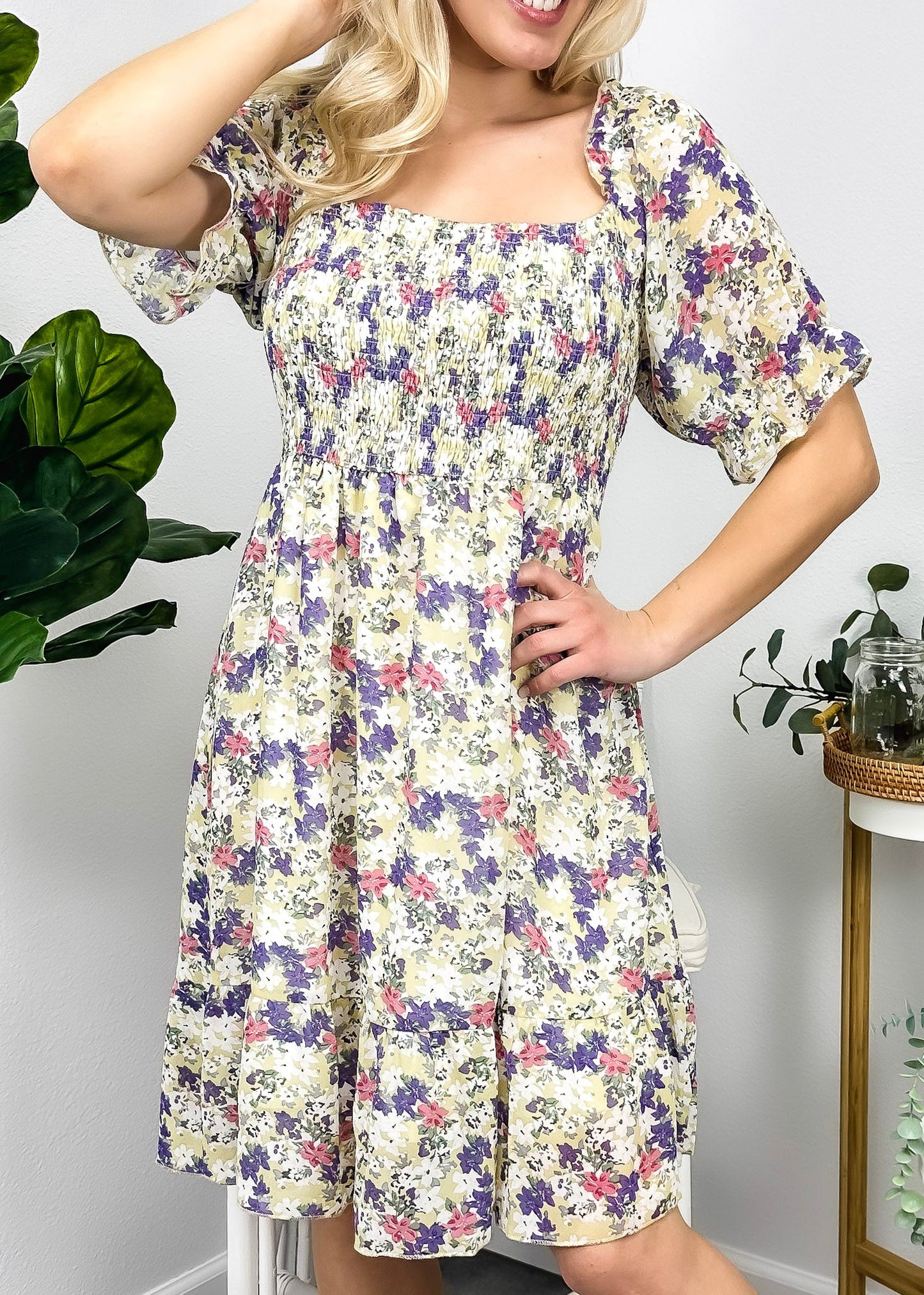 Square Neck Floral Puff Sleeve Dress