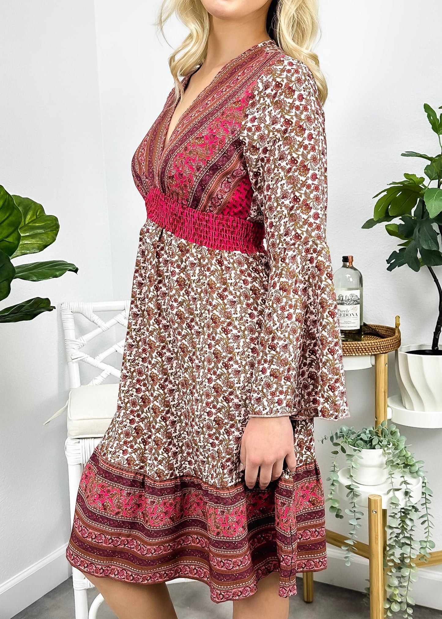 Surplice Shirred Waist Boho Dress