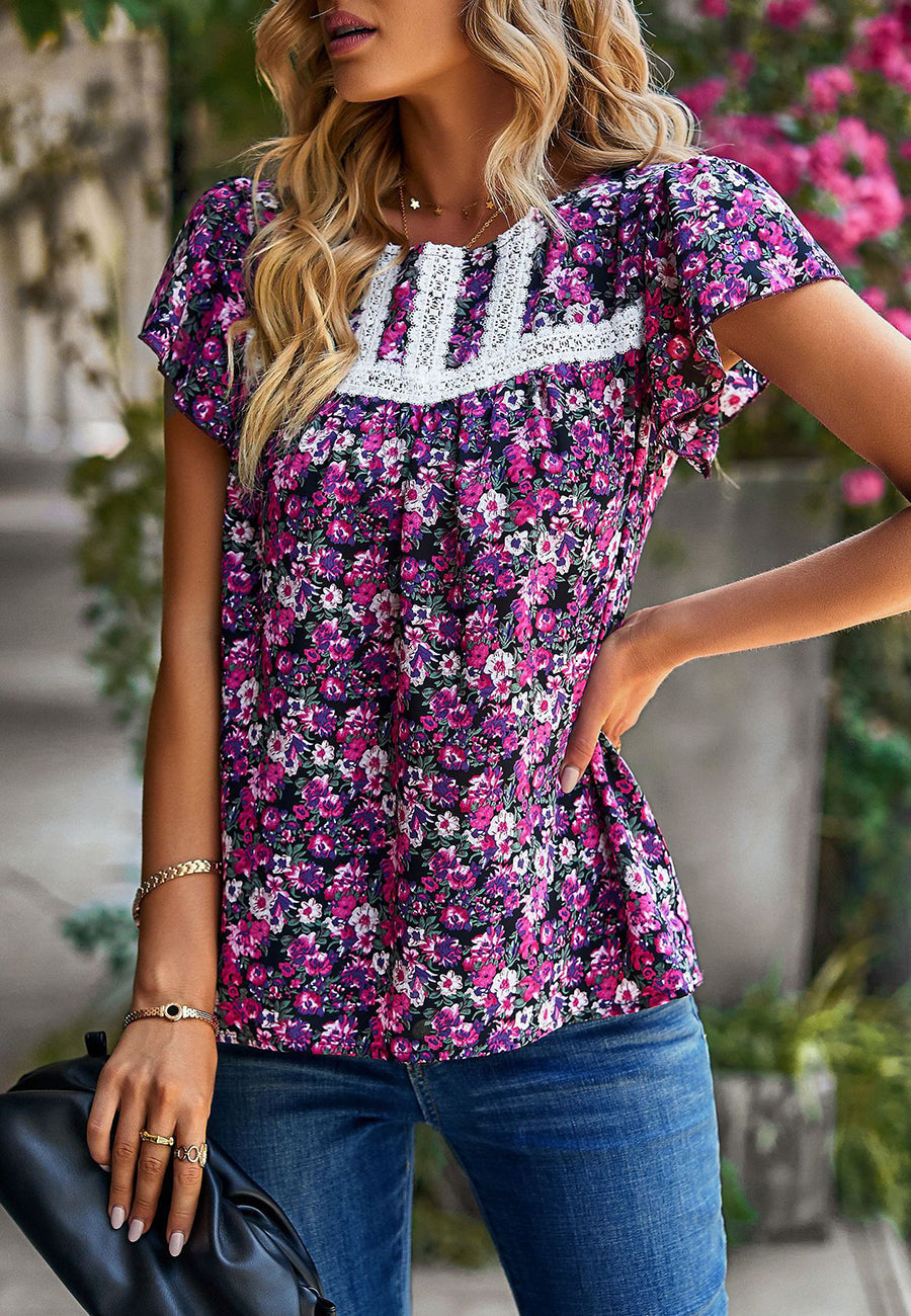 Lace Detail Floral Print Blouse