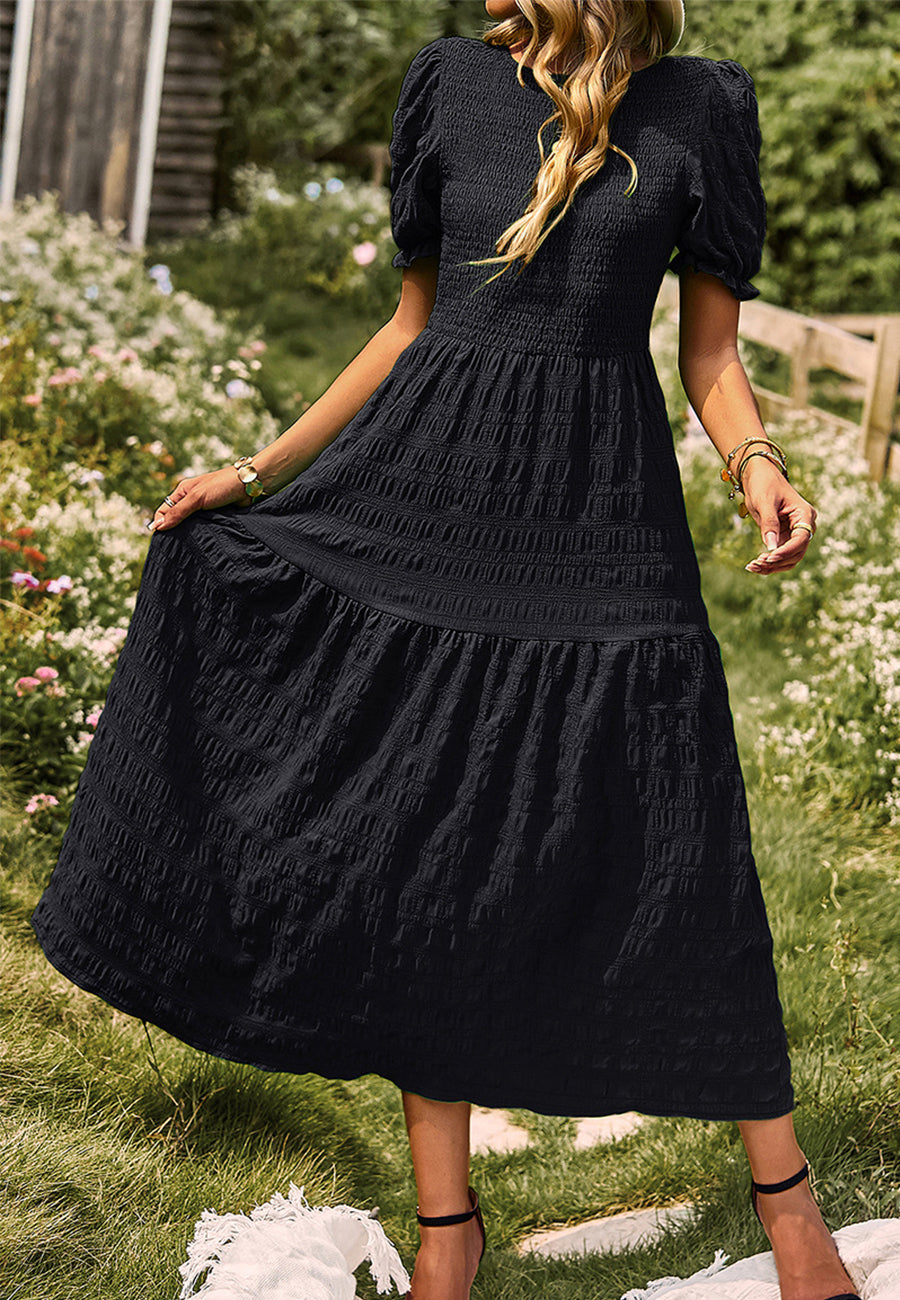 Shirred Puff Sleeve Textured Dress