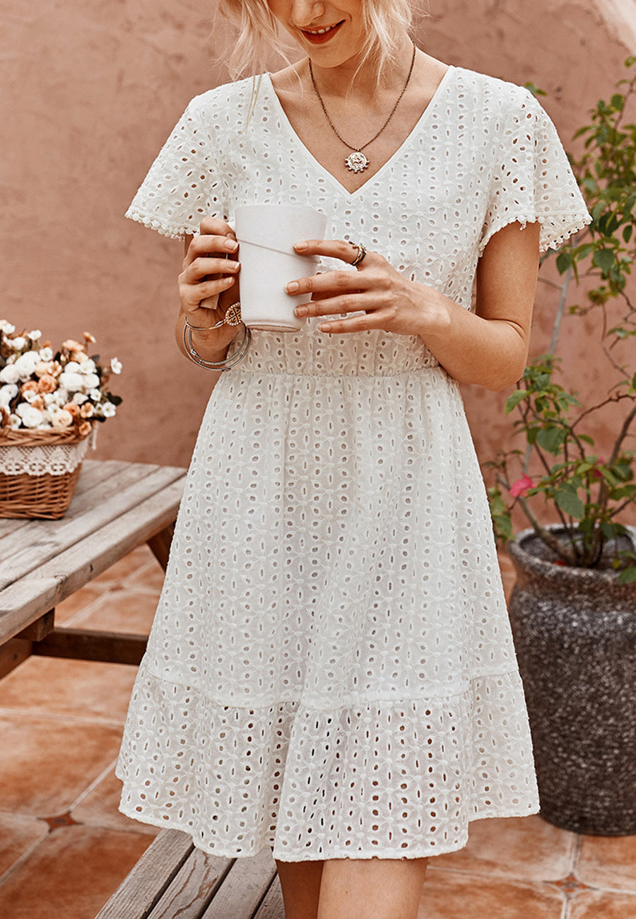 Solid Color Eyelet Dress