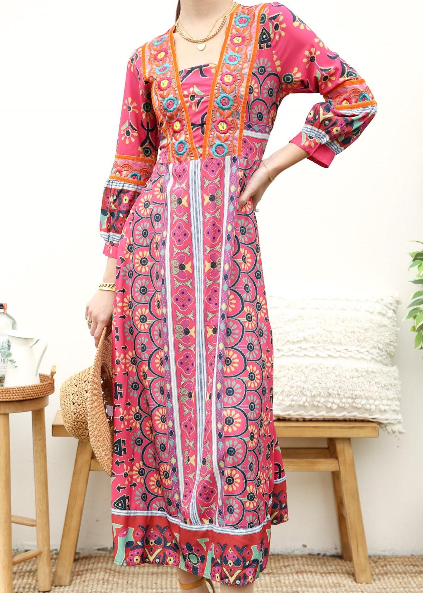 Straight Neck Geometric Kaftan Dress