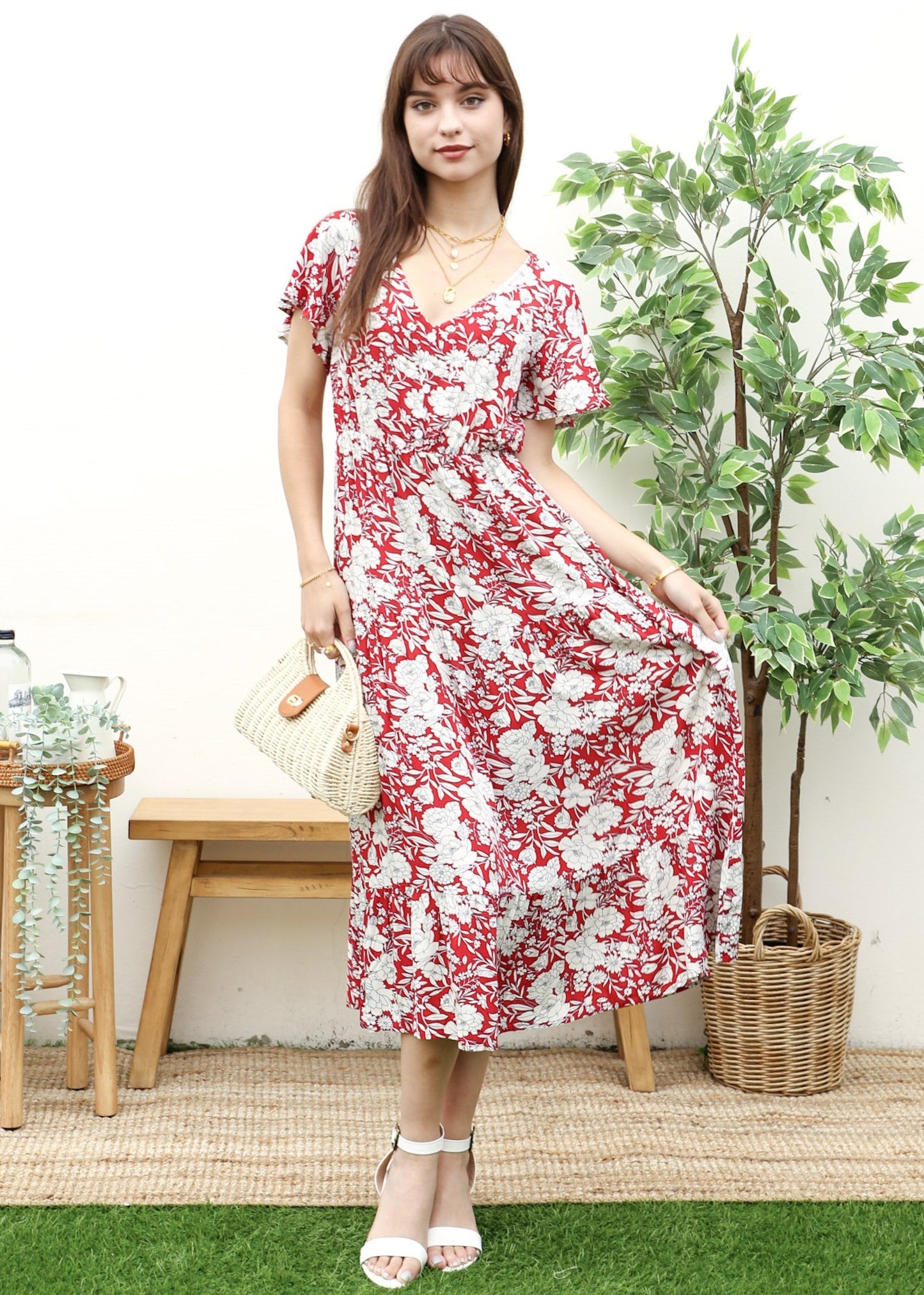 Floral Print V Neck Midi Dress