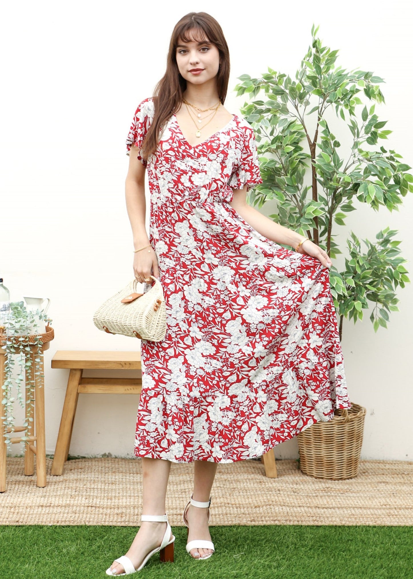 Floral Print V Neck Midi Dress