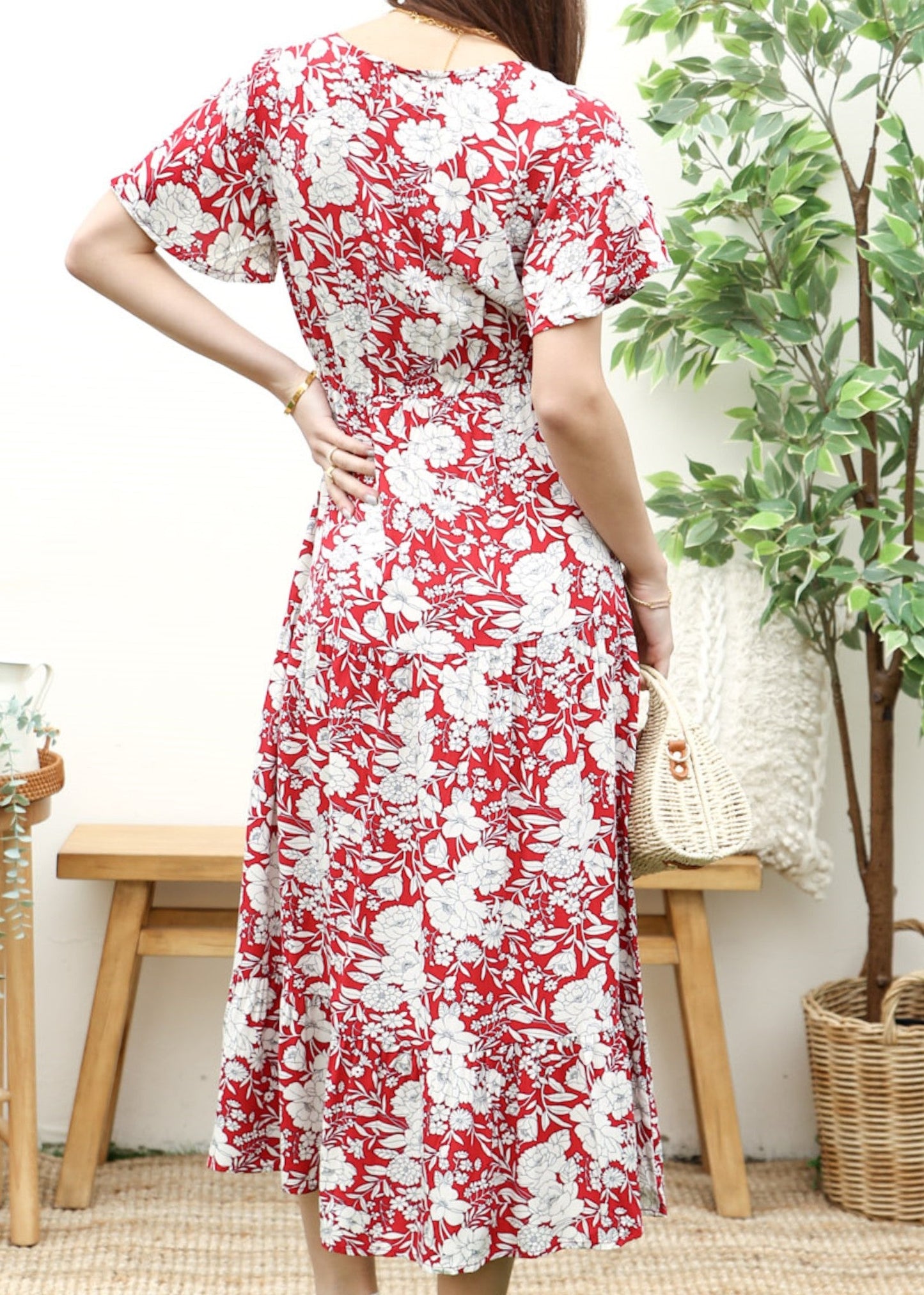 Floral Print V Neck Midi Dress