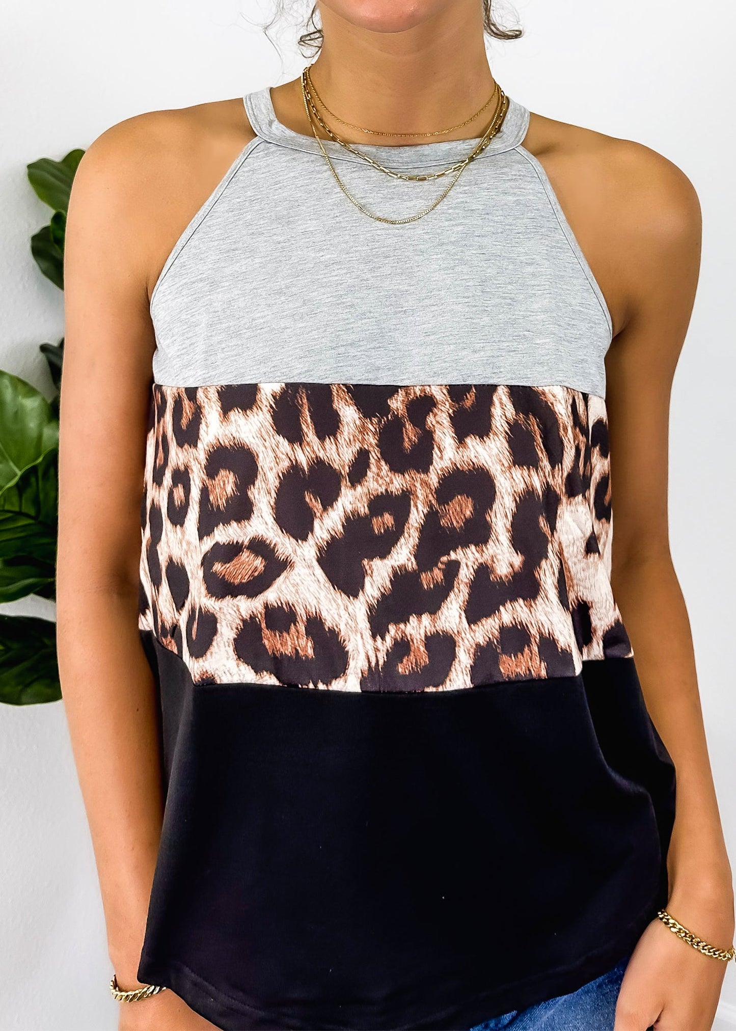 Color Block Halter Leopard Top