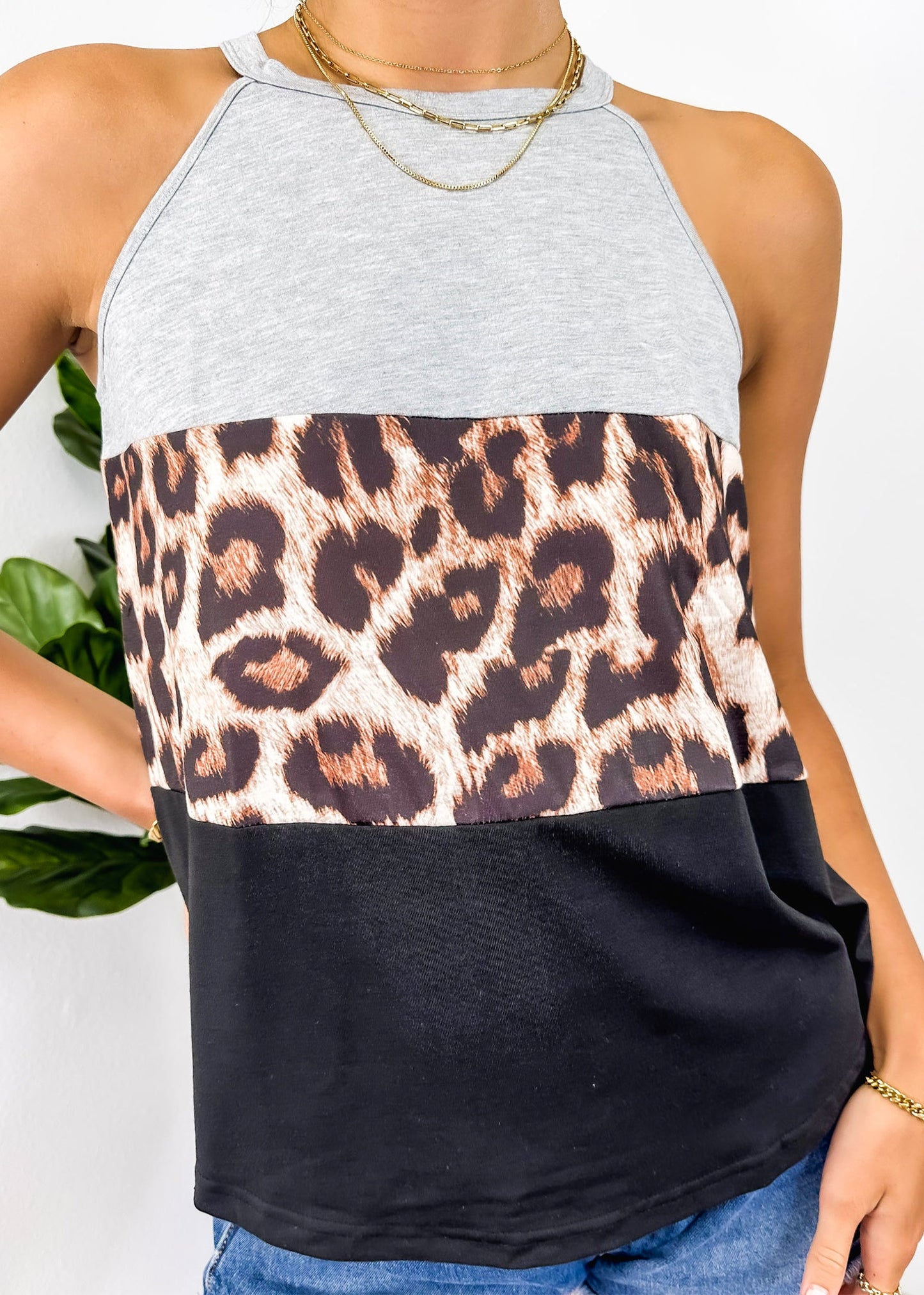 Color Block Halter Leopard Top