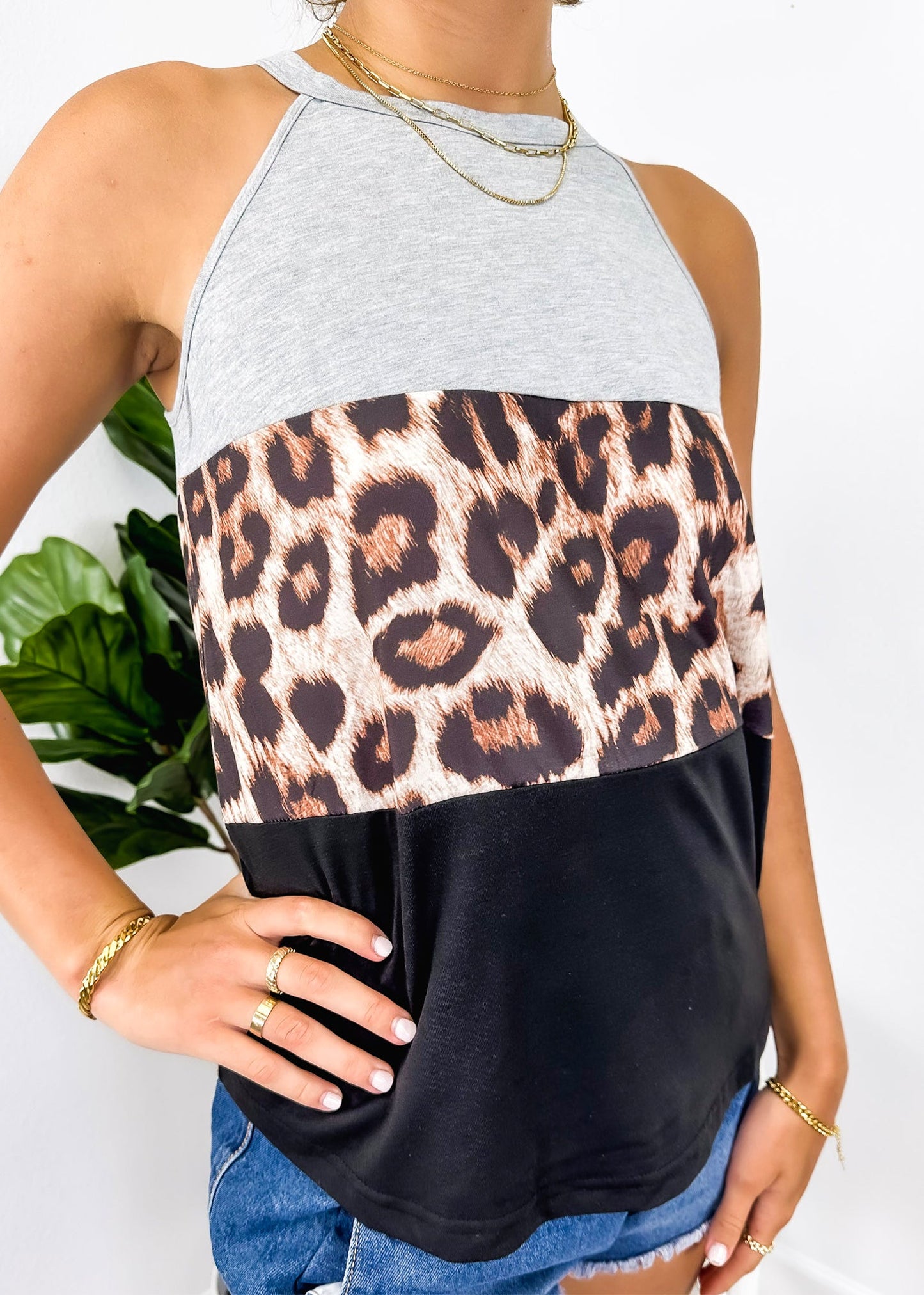 Color Block Halter Leopard Top