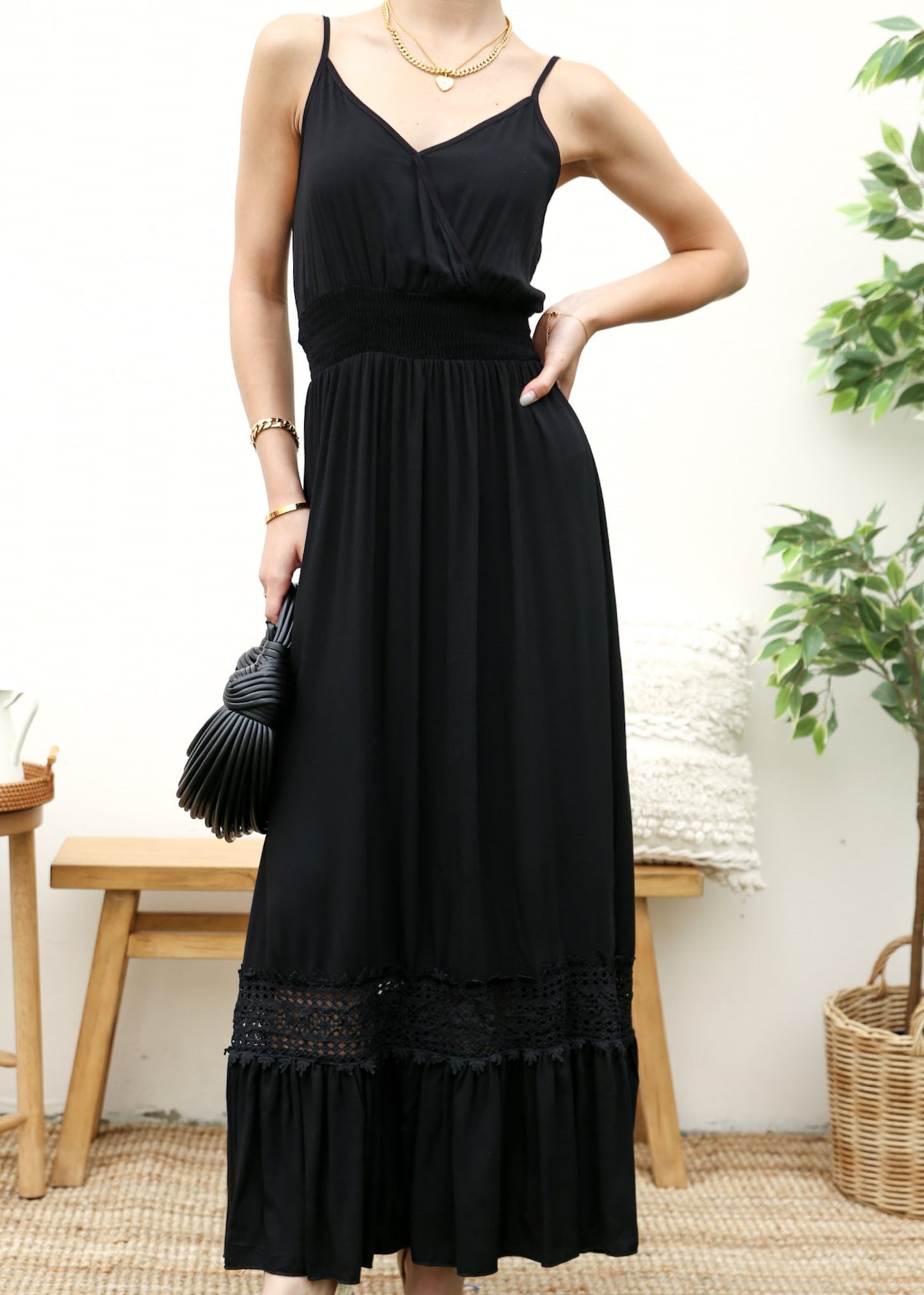 Shirred Waist Crochet Lace Dress