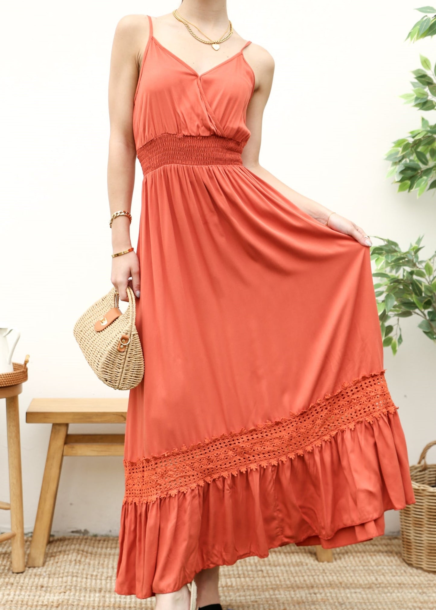 Shirred Waist Crochet Lace Dress