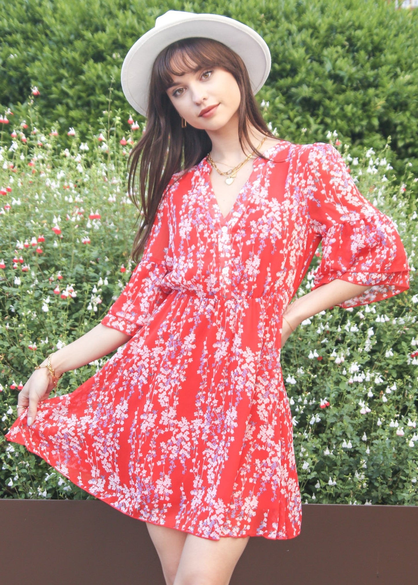 Floral Print Trumpet Sleeve Dress