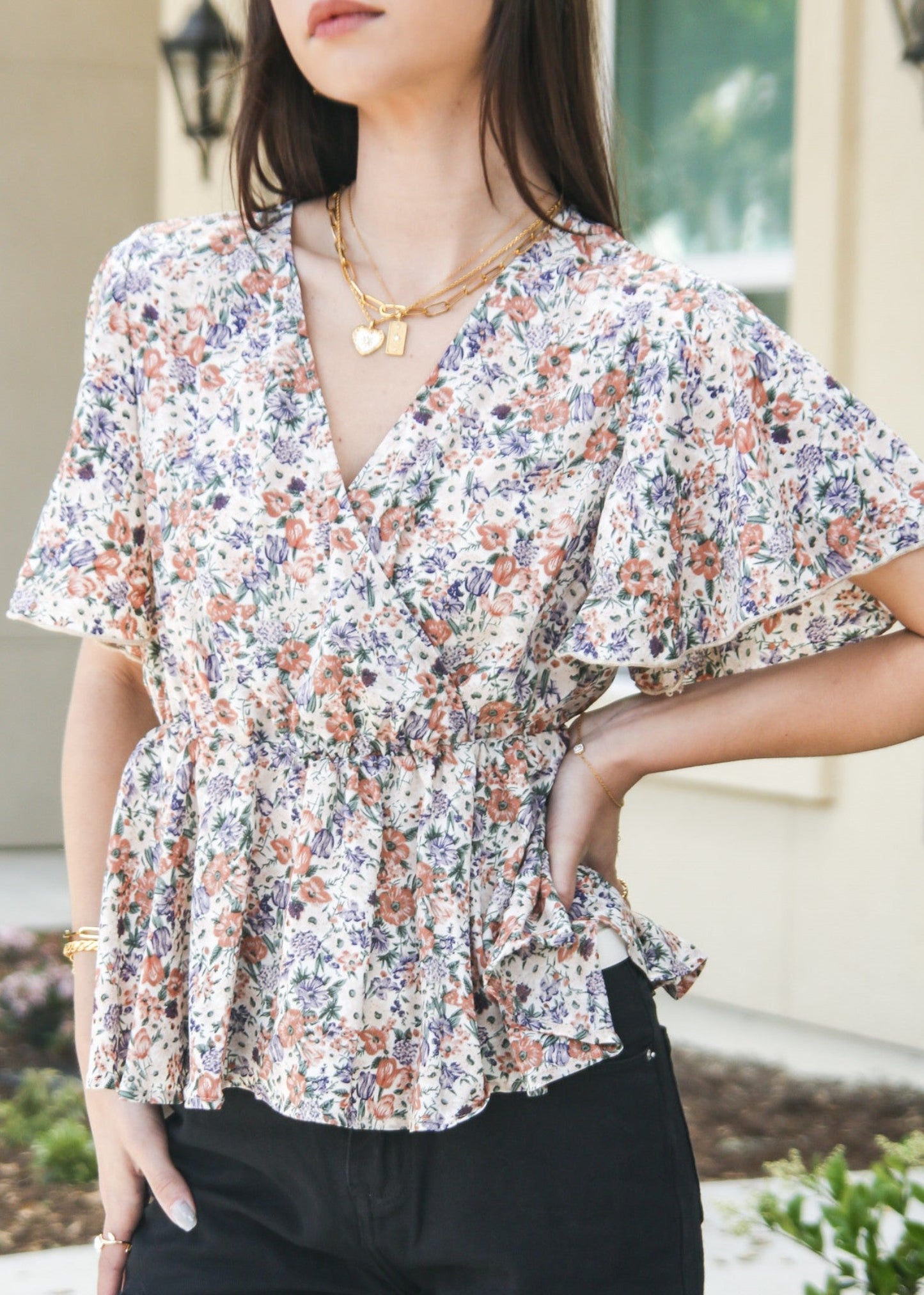 Floral Flutter Sleeve Peplum Top