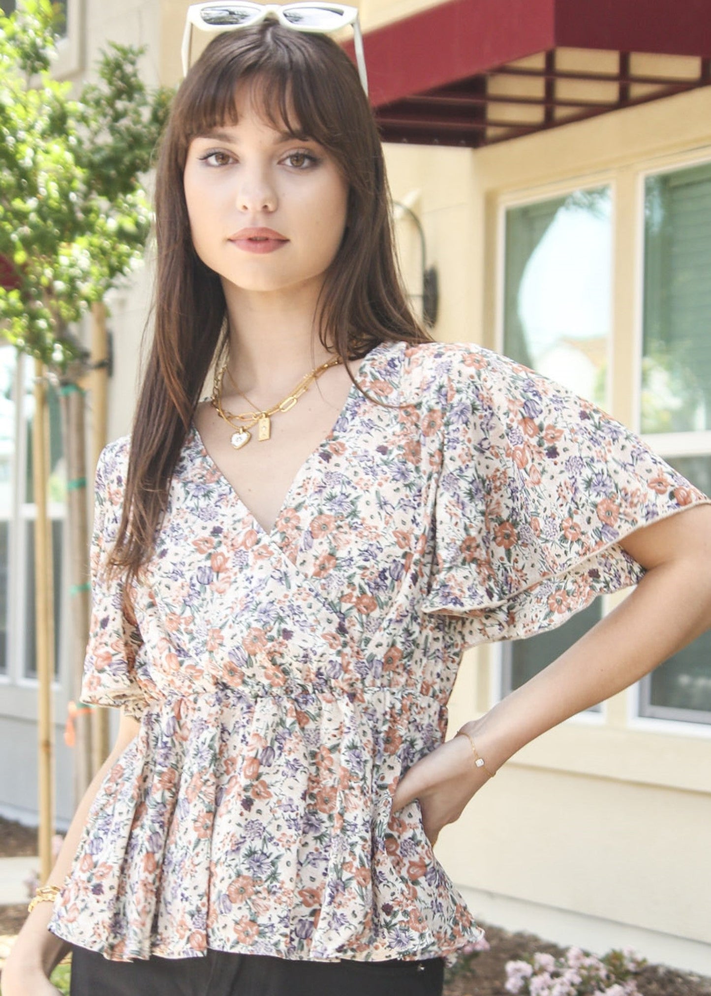 Floral Flutter Sleeve Peplum Top