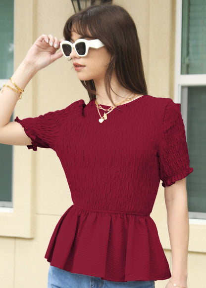 Round Neck Shirred Peplum Blouse
