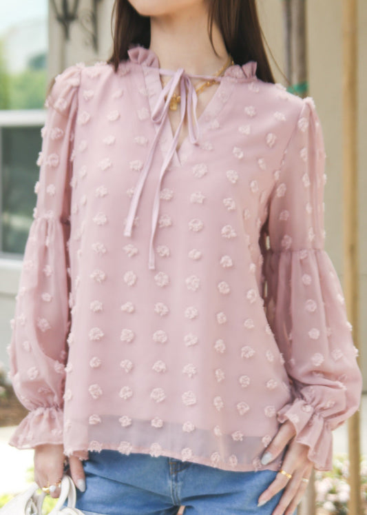 Tie V Neck Balloon Sleeve Blouse