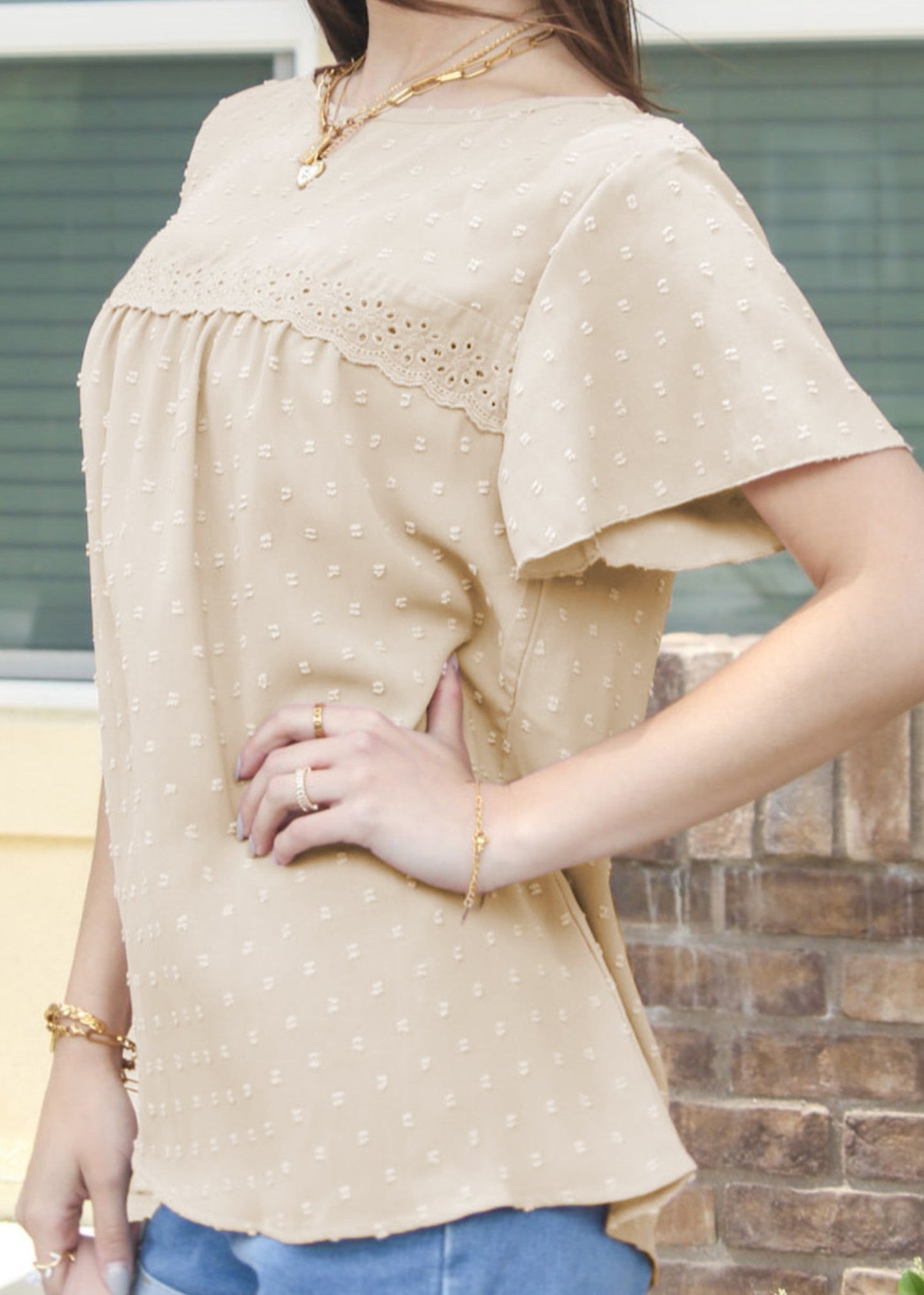 Eyelet Detail Swiss Dot Blouse