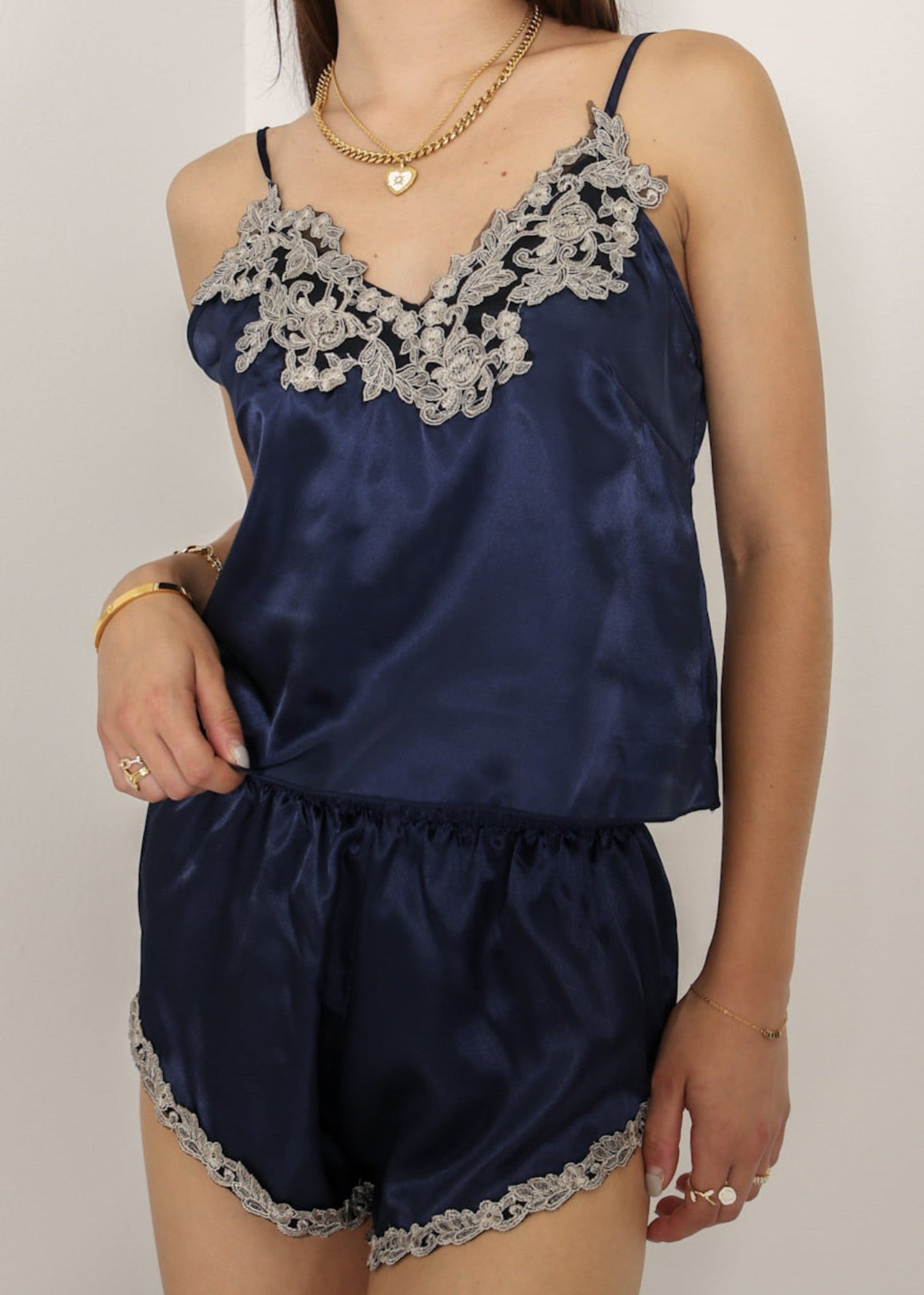 Lace Trim Satin Loungewear-Navy