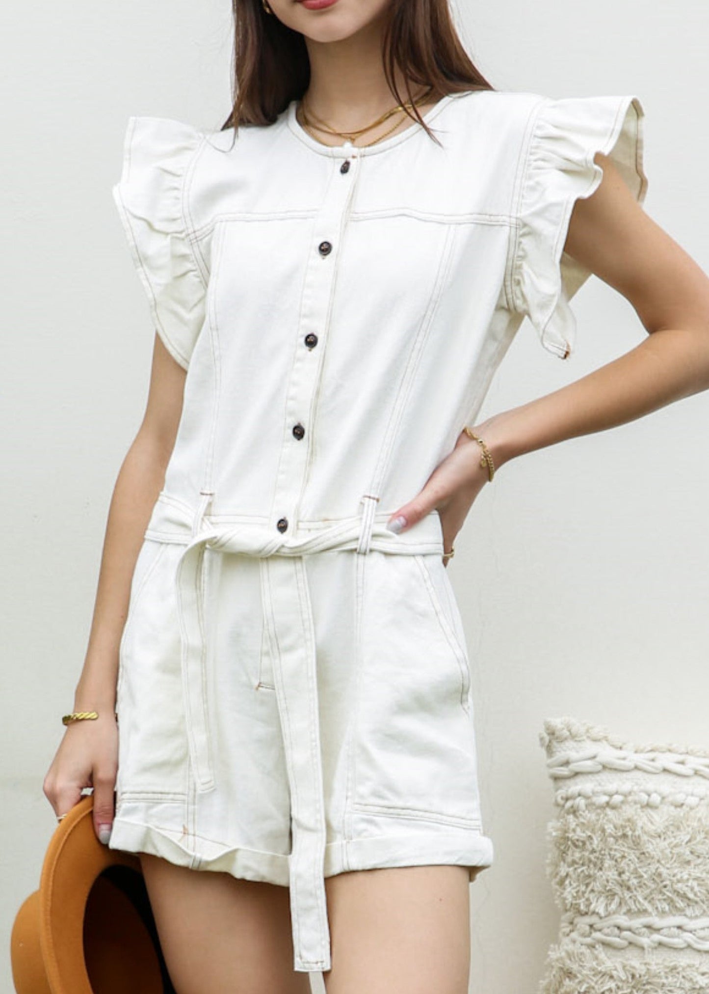 Tie Waist Ruffle Shoulder Romper