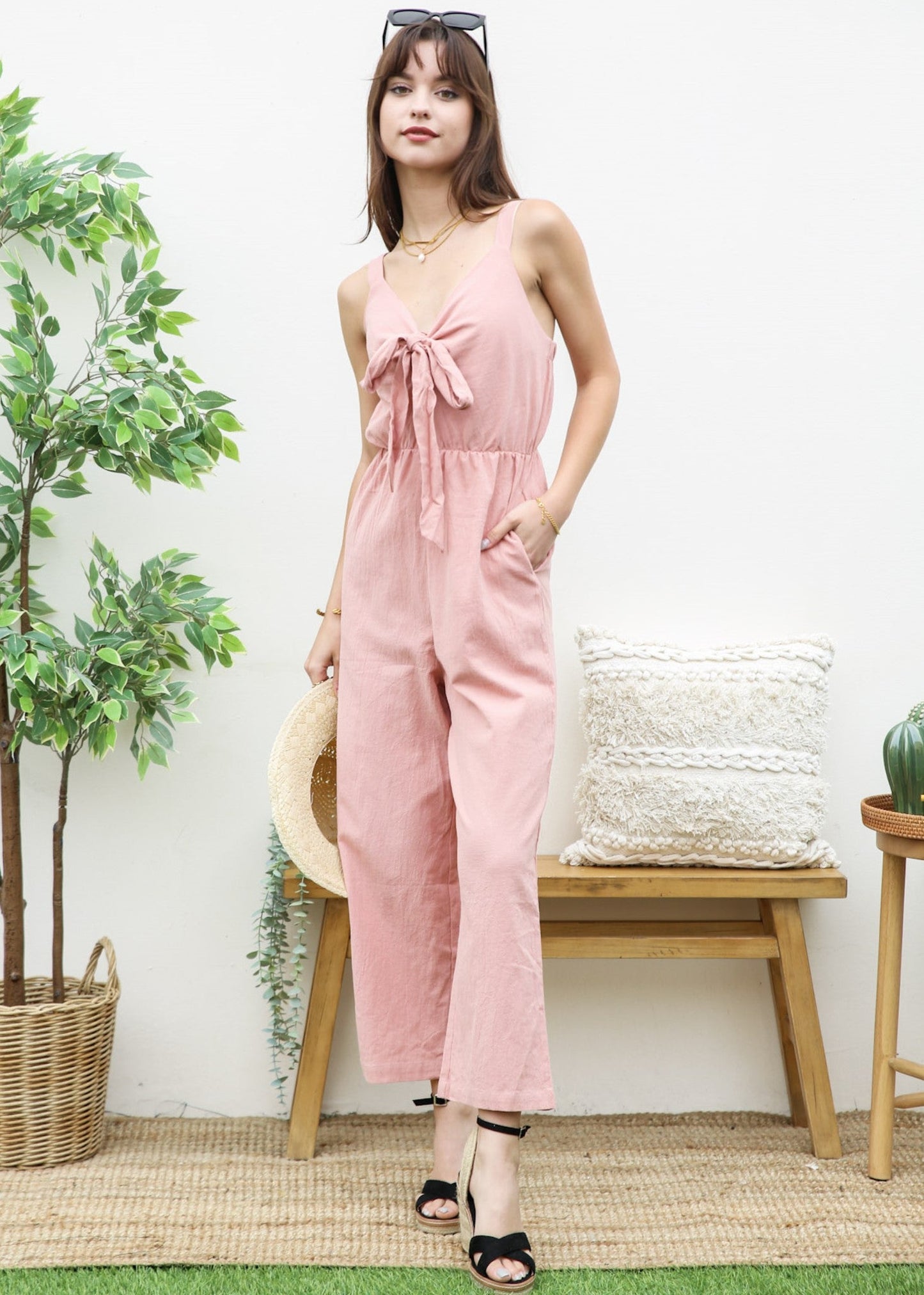 Solid Color Tie Front Jumpsuit