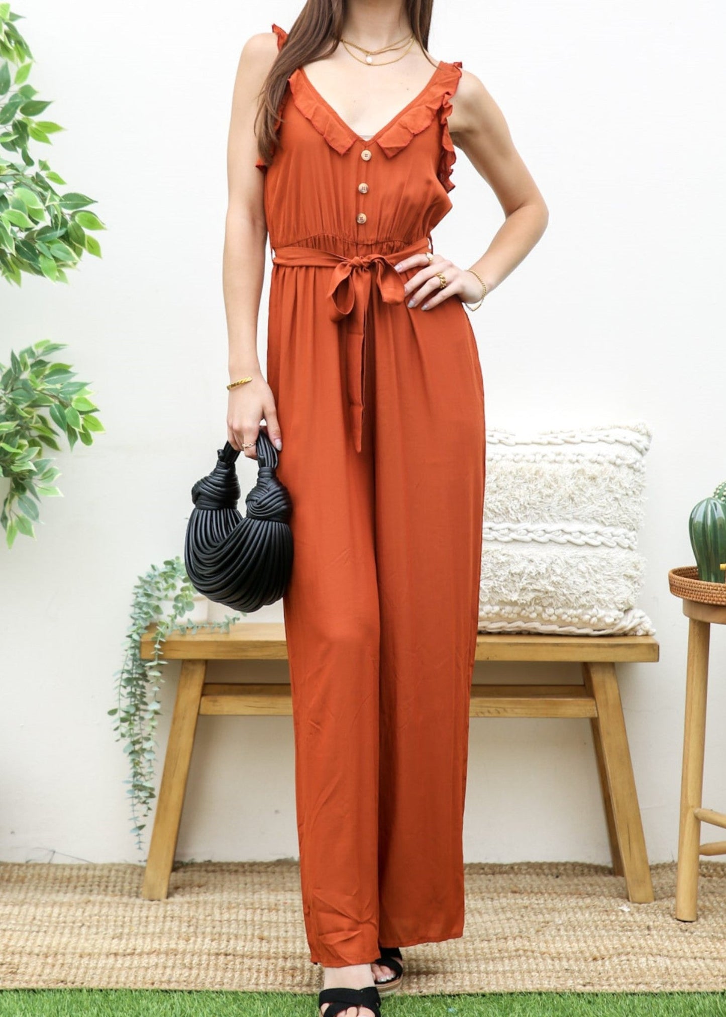 Tie Solid Summer Ruffle V-Neck Sleeveless Jumpsuit