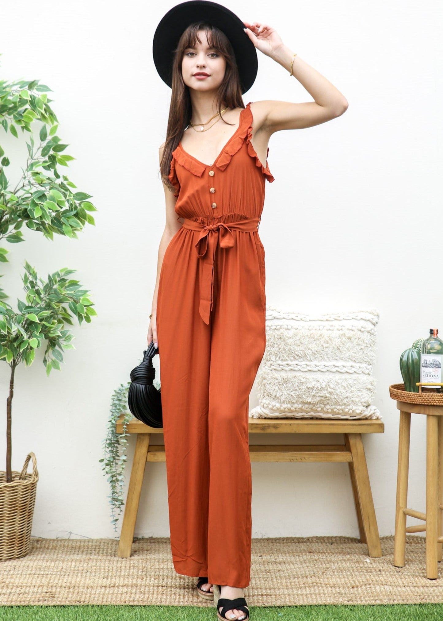 Tie Solid Summer Ruffle V-Neck Sleeveless Jumpsuit