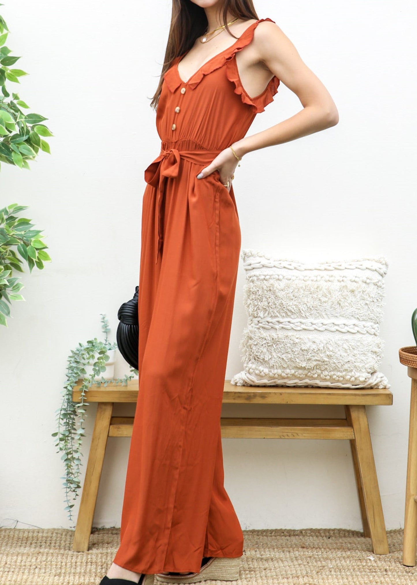 Tie Solid Summer Ruffle V-Neck Sleeveless Jumpsuit