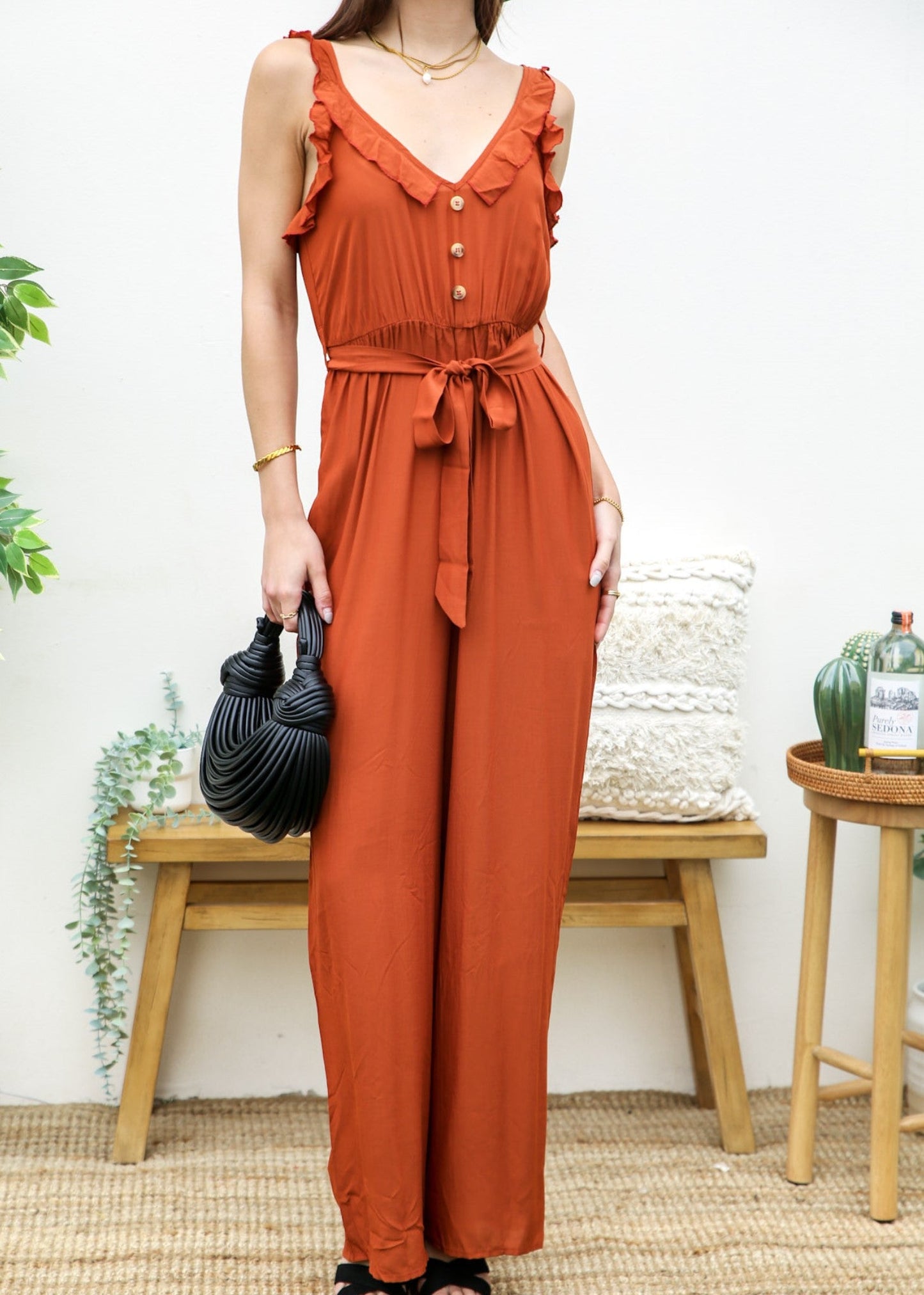 Tie Solid Summer Ruffle V-Neck Sleeveless Jumpsuit