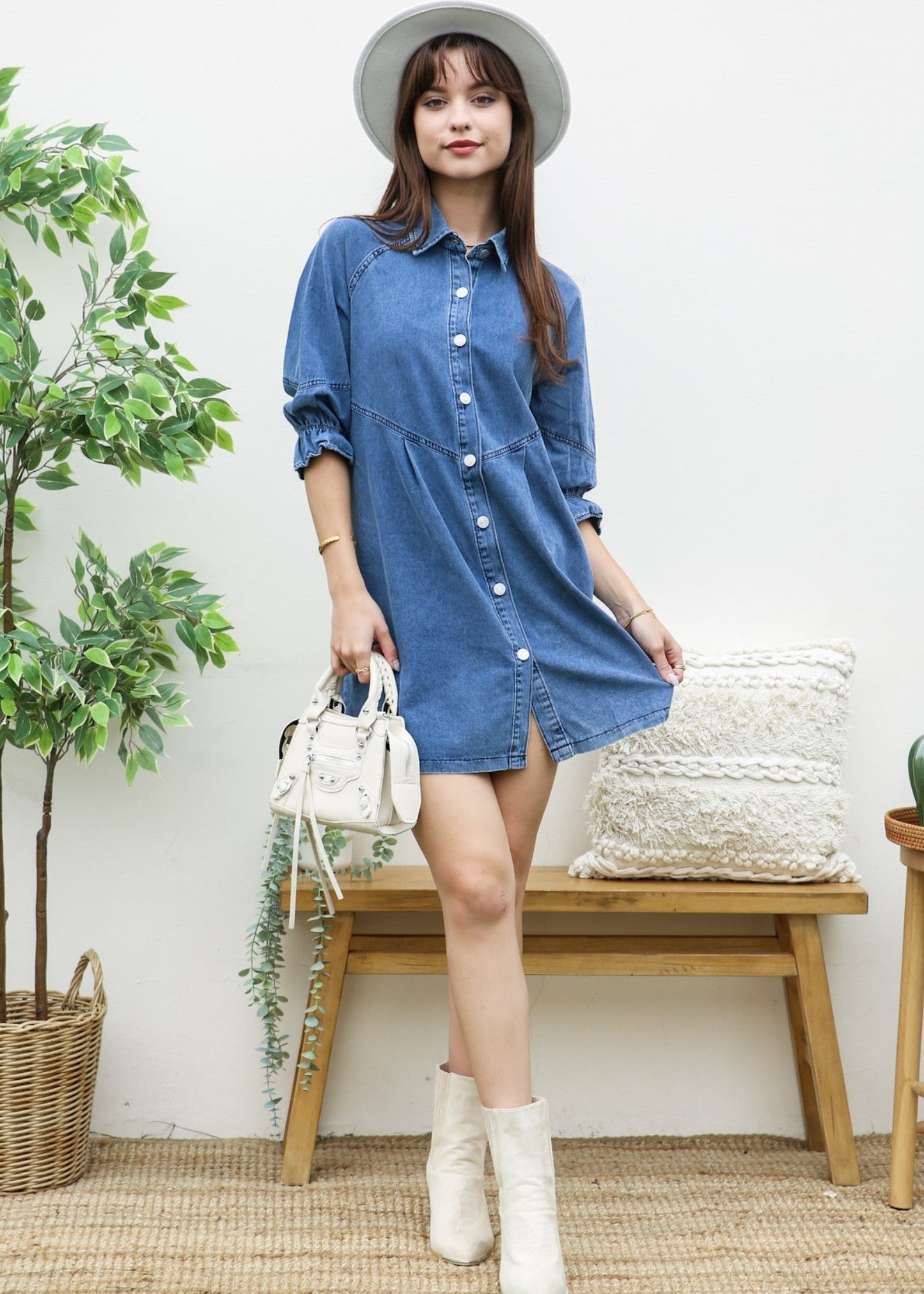 Denim Balloon Sleeve Shift Dress