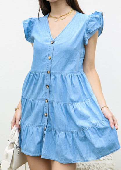 Ruffle Shoulder Contrast Button Dress
