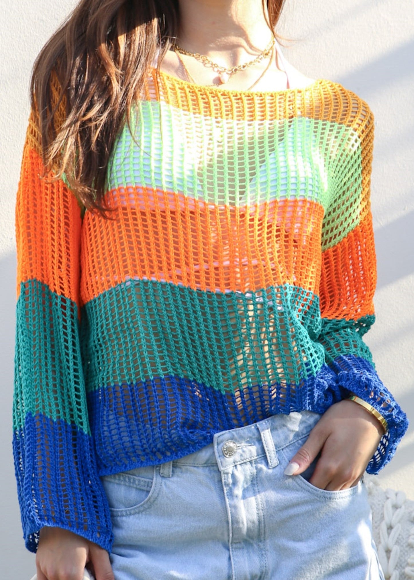 Multicolor Striped Crochet Sweater