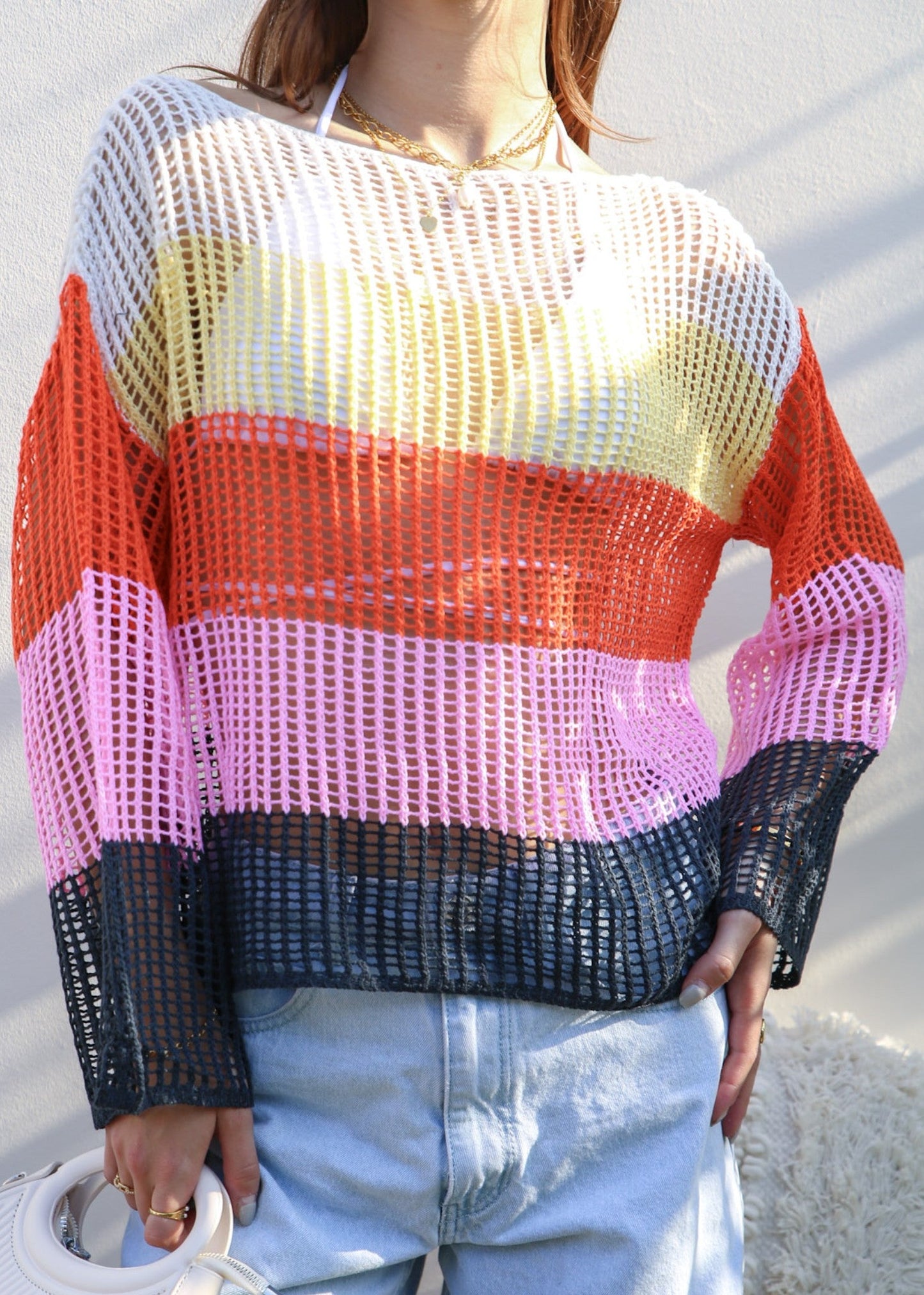 Multicolor Striped Crochet Sweater