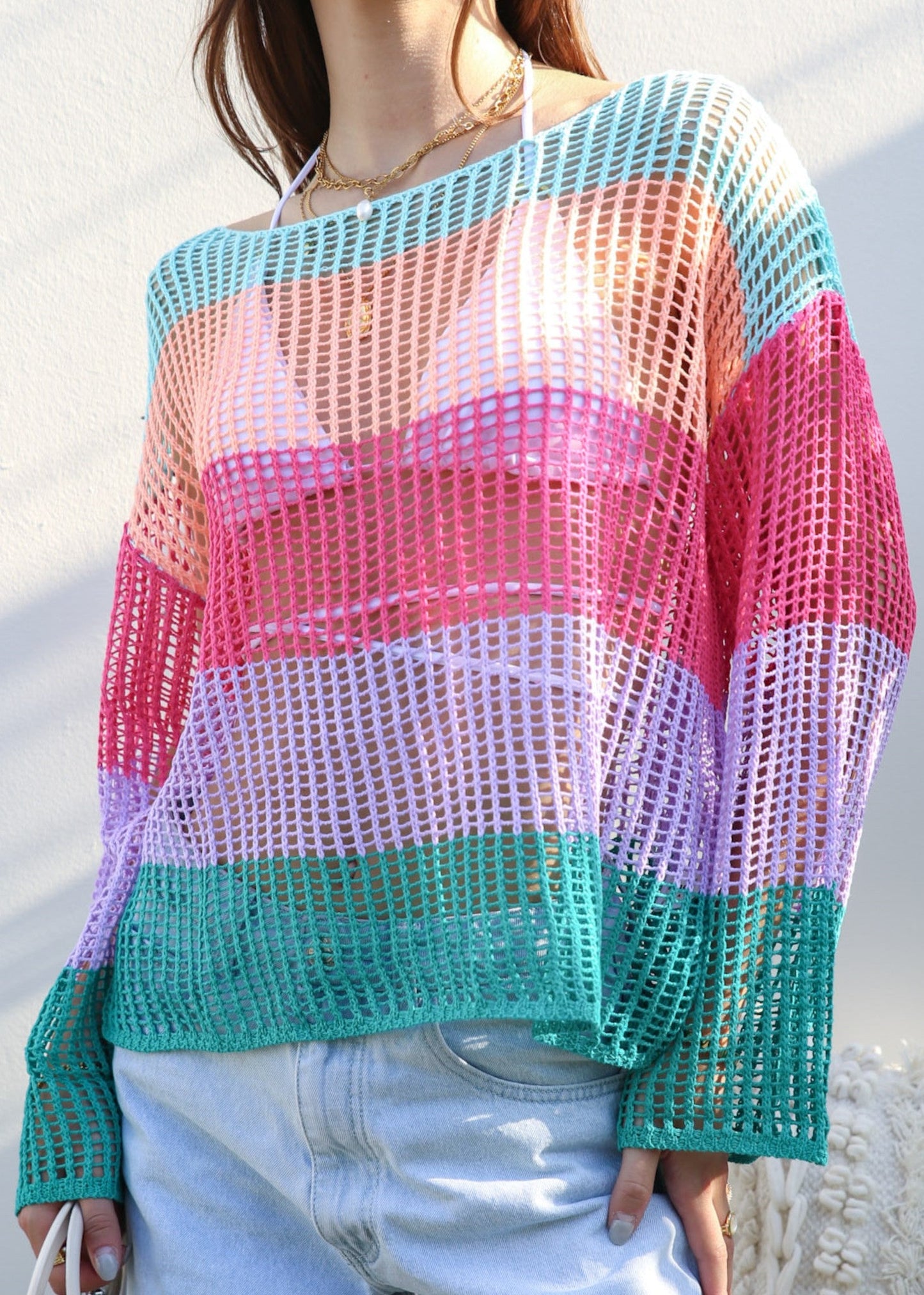 Multicolor Striped Crochet Sweater