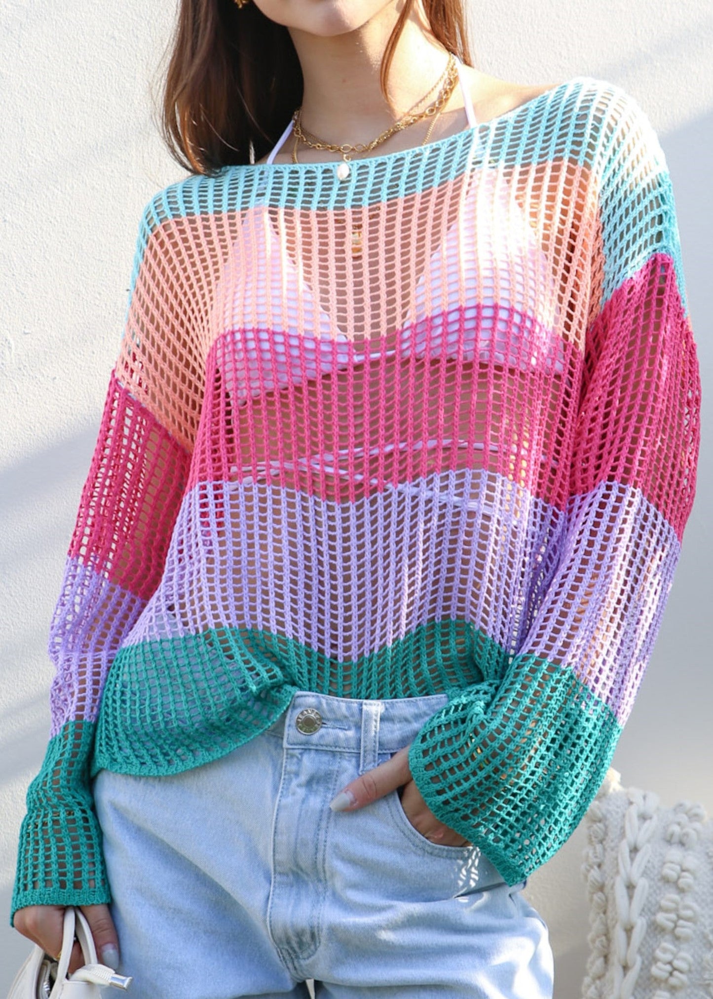 Multicolor Striped Crochet Sweater