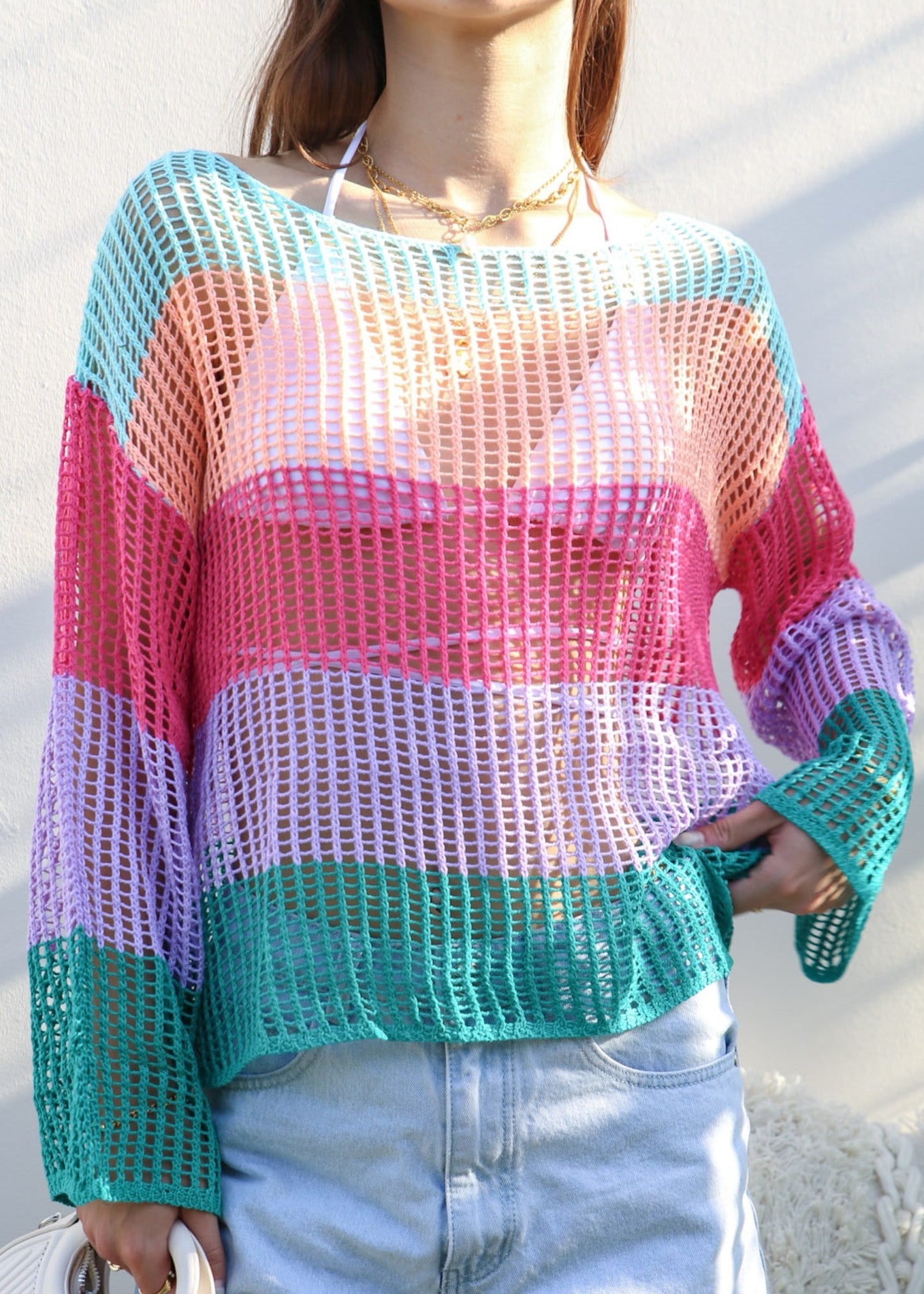 Multicolor Striped Crochet Sweater