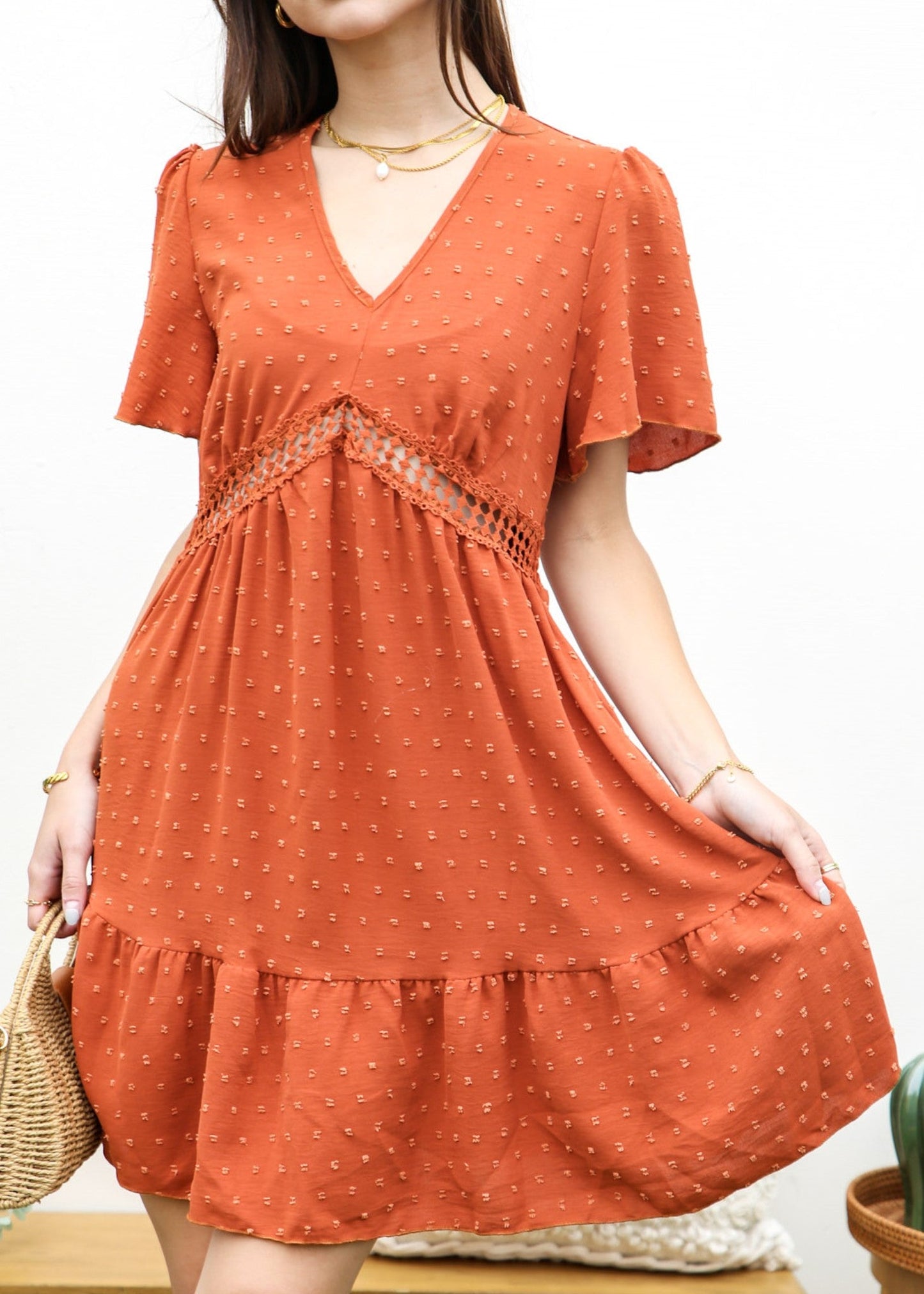 Crochet Waist Ruffle Hem Dress