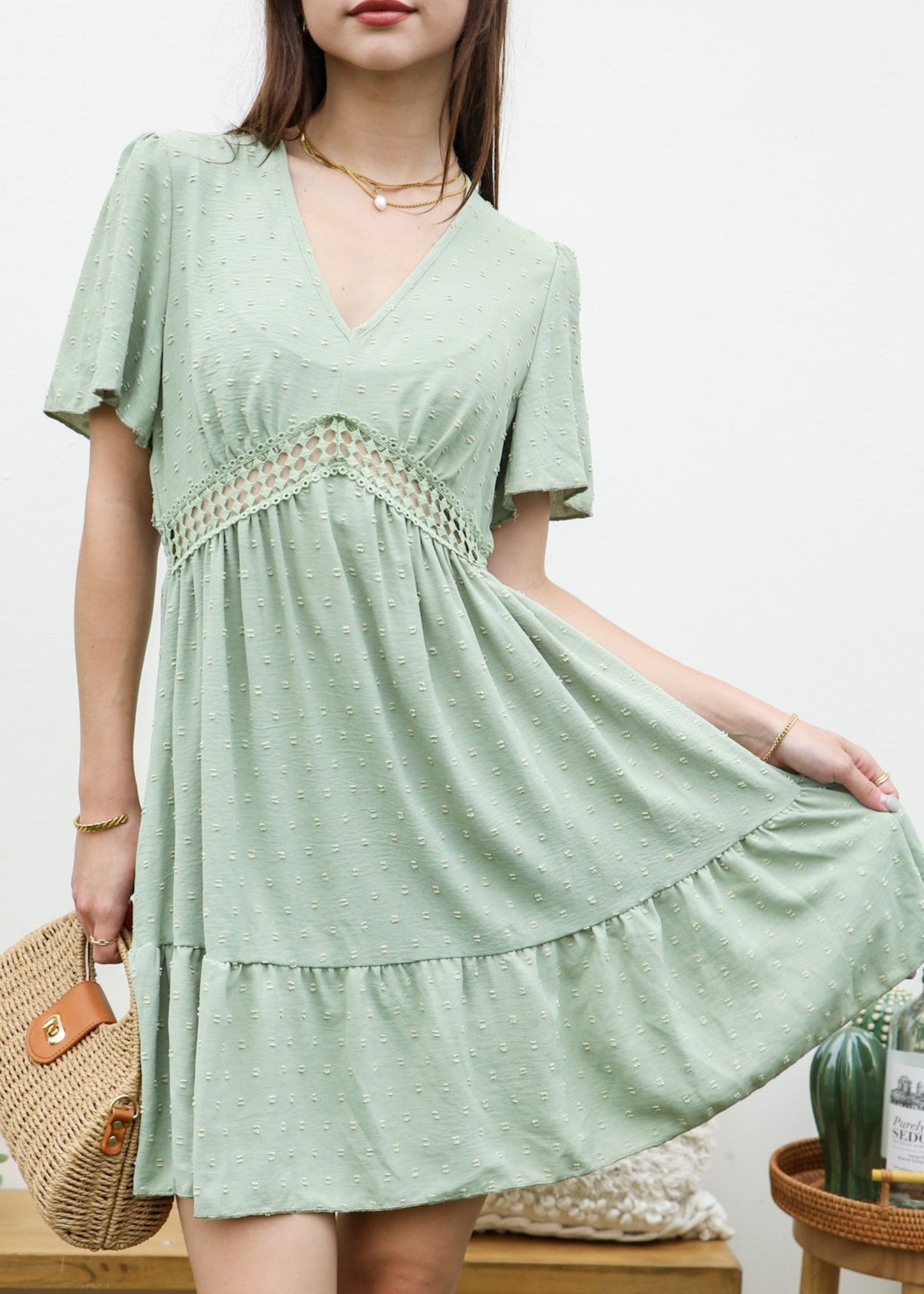 Crochet Waist Ruffle Hem Dress