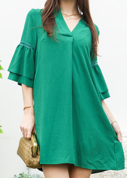 Pleated V Neck Straight Dress
