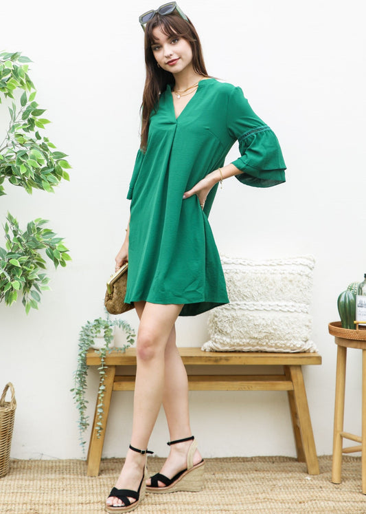 Pleated V Neck Straight Dress