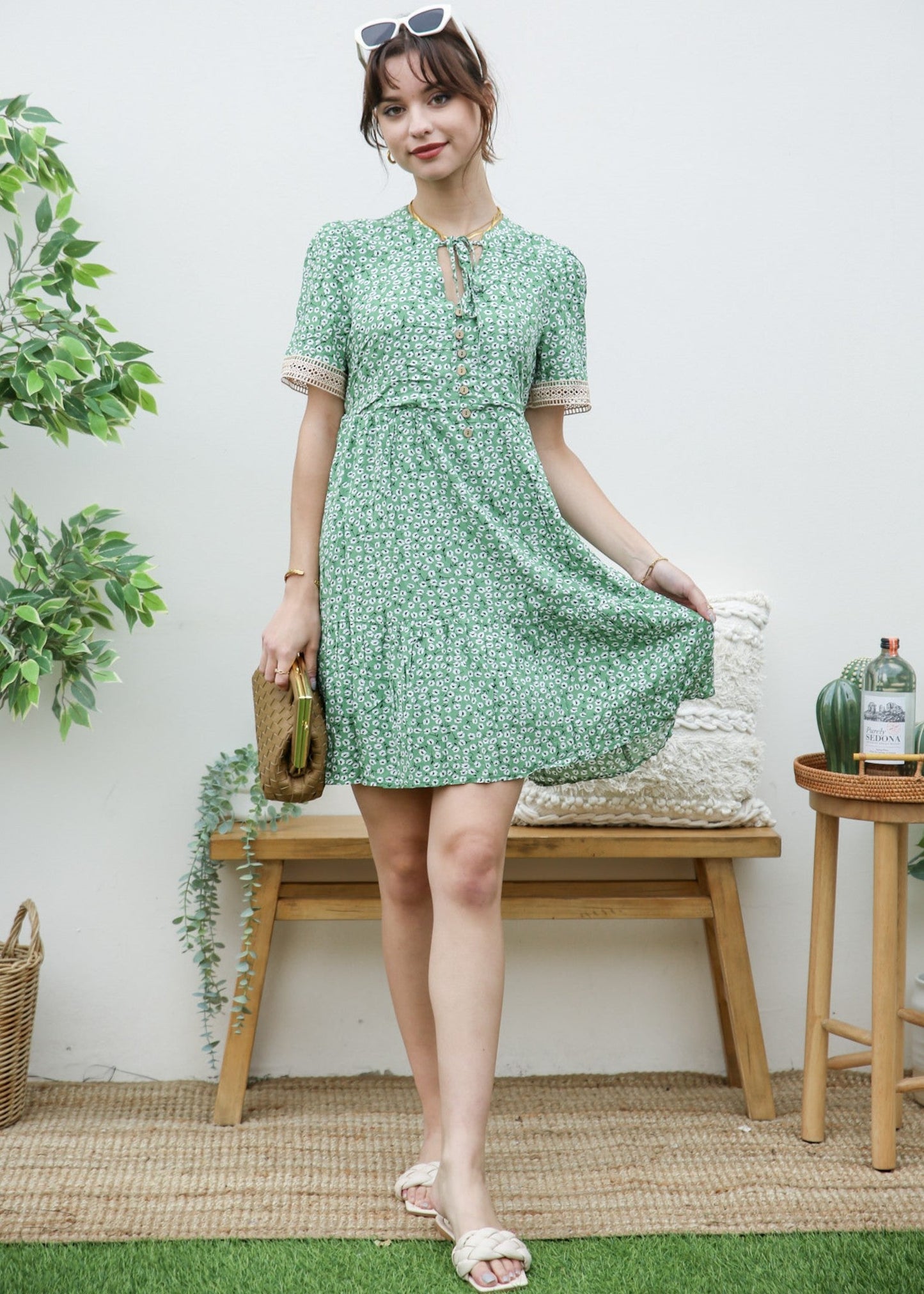 Crochet Trim Ditsy Floral Dress