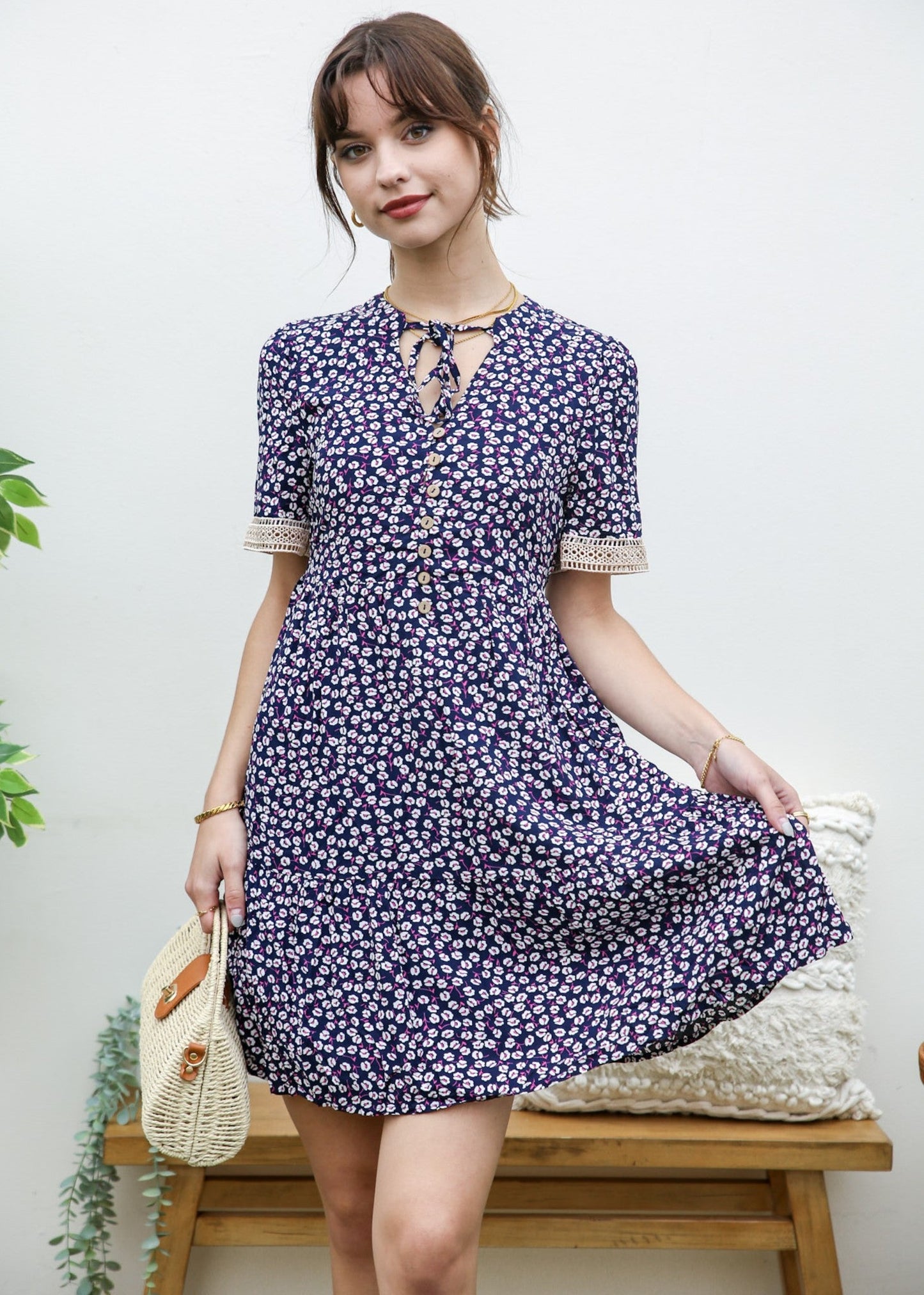 Crochet Trim Ditsy Floral Dress