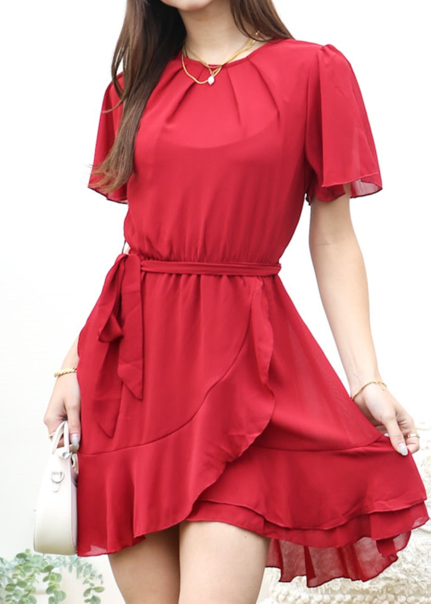 Pleated Neck Overlap Hem Dress