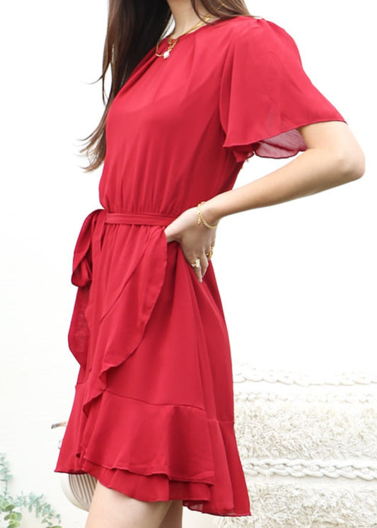 Pleated Neck Overlap Hem Dress